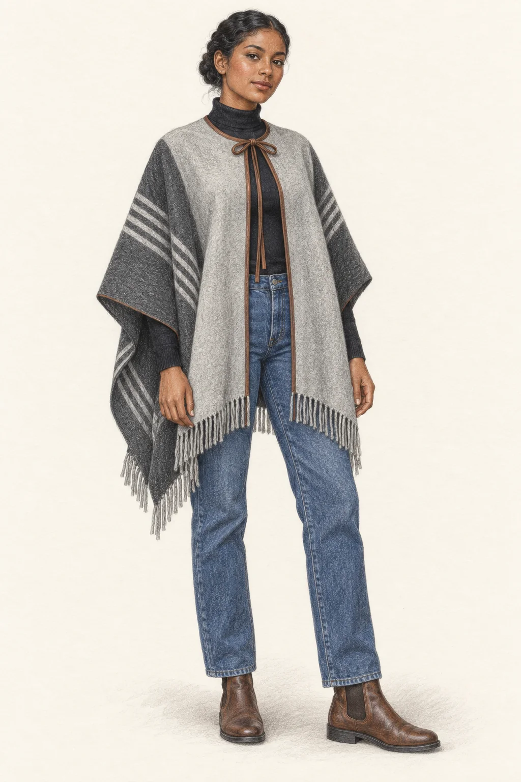 Full figure wearing a grey striped open ruana over a black roll-neck, straight blue jeans and brown Chelsea boots.