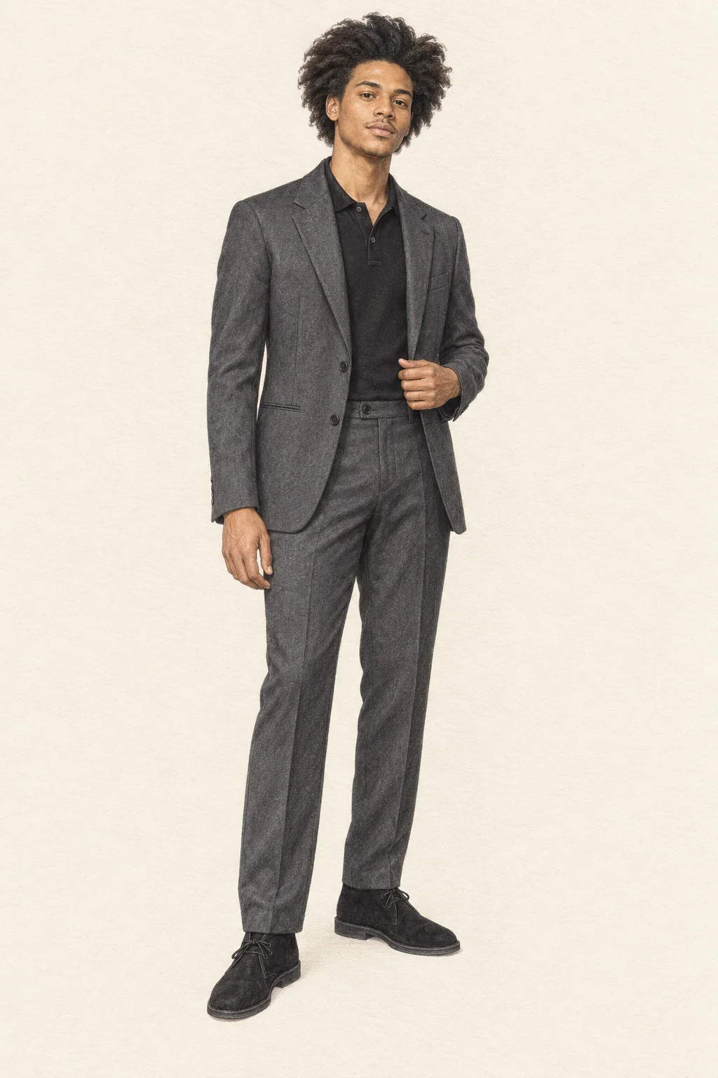 Detailed colored-pencil fashion portrait of a young adult in a charcoal suit, black polo and black suede desert boots, with voluminous dark hair, on opaque warm ivory paper.