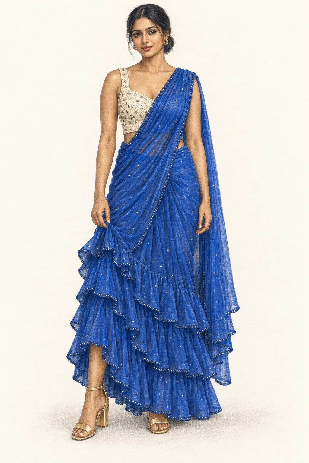 Detailed coloured-pencil full portrait of a young Indian woman in a blue tiered ruffle sari, ivory embellished blouse, gold hoops and gold block-heel sandals on ivory paper.