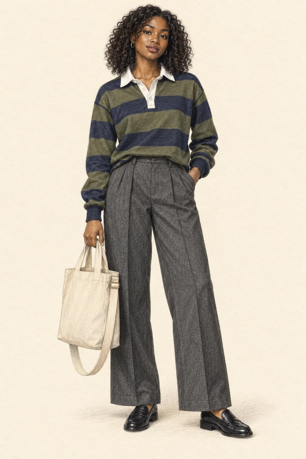 Coloured-pencil full-figure portrait of a young Black woman in an olive-and-navy rugby shirt, charcoal wide trousers, black loafers and a cream canvas tote.