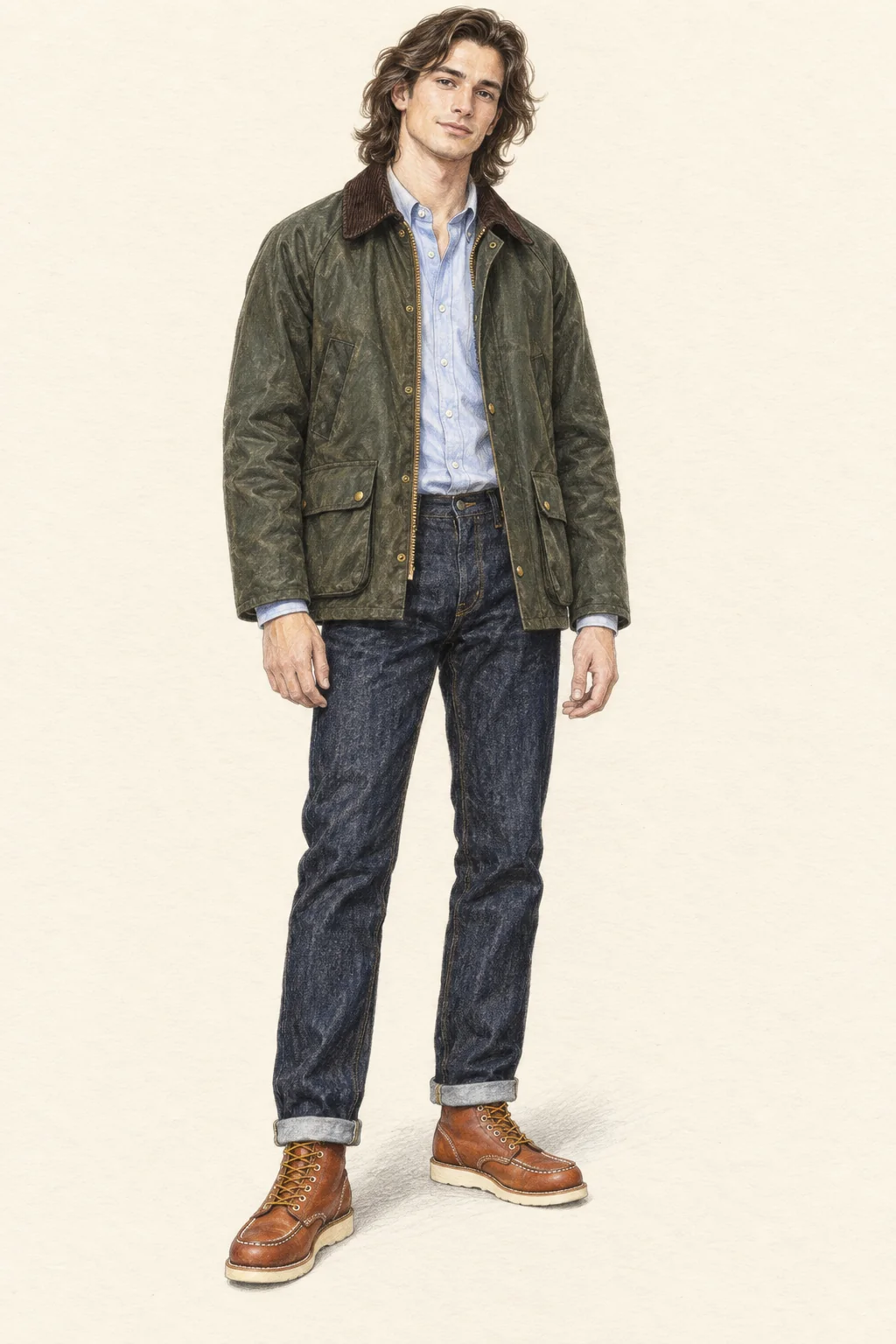 A young adult with shoulder-length wavy hair wears a sage waxed jacket, pale blue button-down shirt, dark cuffed jeans and brown moc-toe boots, in colored pencil on ivory paper.