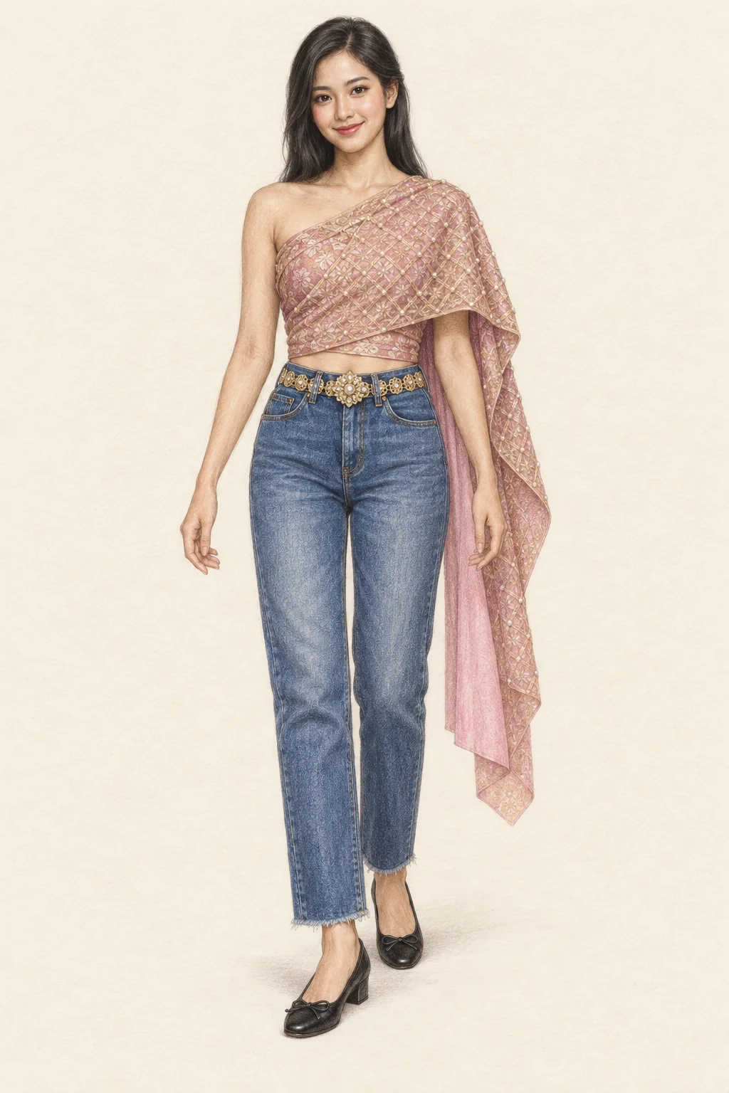 Colored-pencil full figure of a fictional young Thai woman wearing a diagonal pink sabai, blue jeans, ornate goldtone belt and black low-heeled pumps.