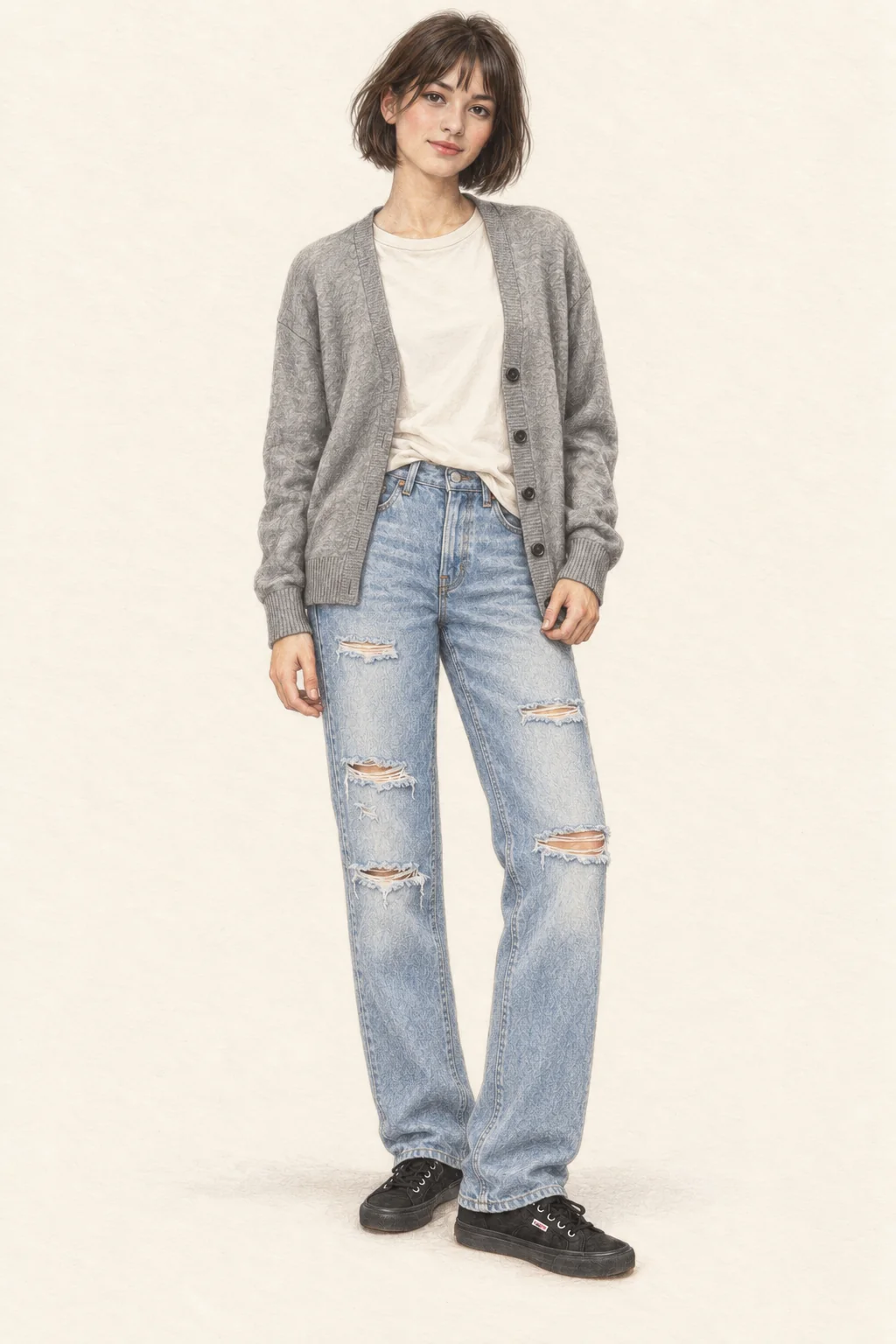 Full-length colored-pencil fashion sketch on warm ivory paper. Retained youthful soft face and short softly waved brown bob with separated fringe; muted brown eye line and natural rosy lips. Comfortable natural proportions under loose knit and straight jeans. Open grey V cardigan, ivory tee with light tuck, faded ripped straight jeans and full-black canvas low-tops. Exact crop contains complete hair, hands, hems and both shoes with ivory margin.