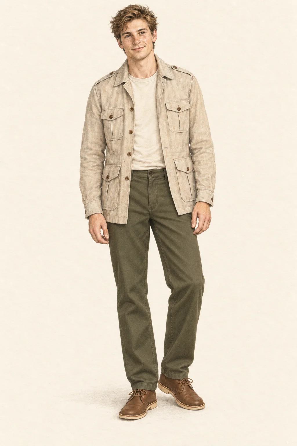 Full-length colored-pencil fashion sketch on warm ivory. Youthful soft face with loose brown waves, natural brows and relaxed clean-shaven finish. Slim natural frame under easy layers. Stone four-flap-pocket shirt with point collar and shoulder tabs, pale crewneck, olive trousers and brown two-eyelet chukkas on pale soles. Complete figure and both full boots fit the exact crop.