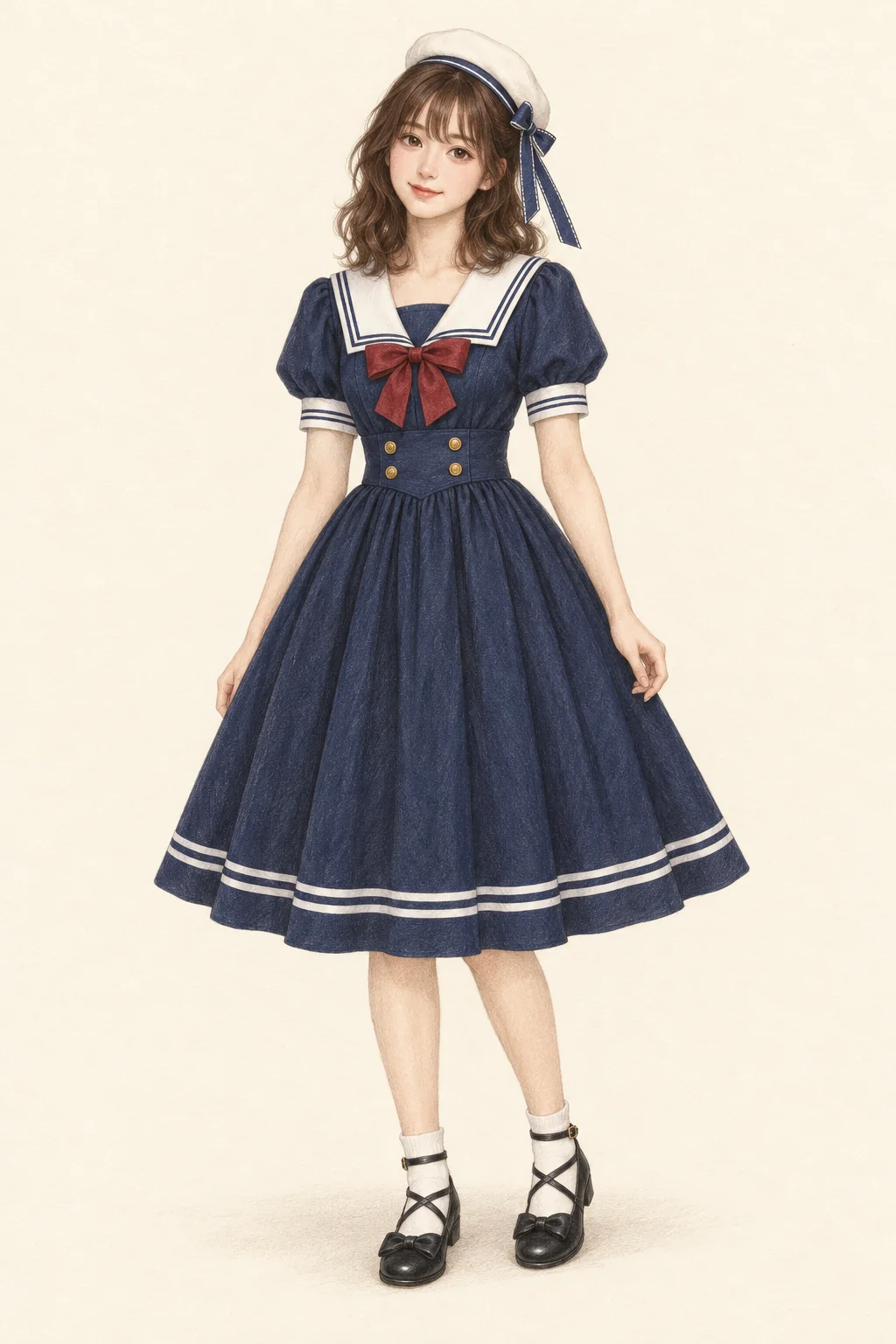A woman in a navy sailor-collar Lolita dress, white beret and ankle socks with black bow strap shoes.