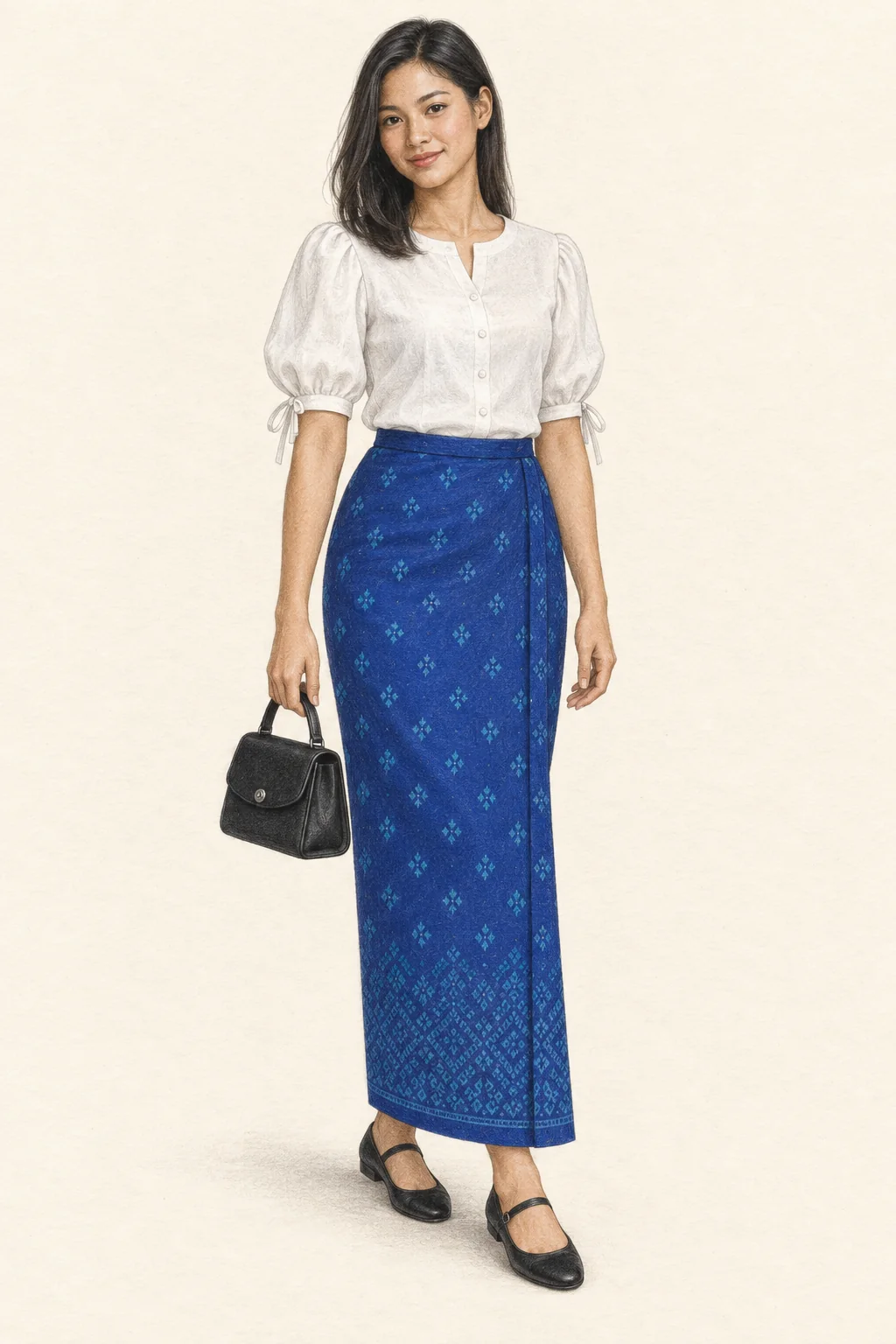 Realistic pencil portrait of a young Cambodian woman in a blue flat-side-fold skirt, white blouse, black Mary Janes and small bag.