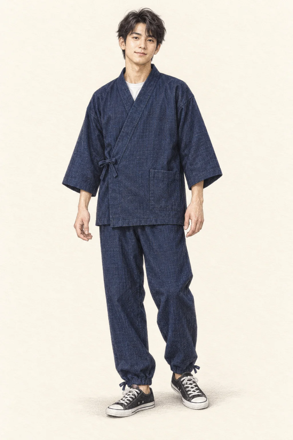 Colored-pencil full figure of a fictional young Japanese man wearing an indigo side-tied samue jacket and matching trousers over a white tee, with black-and-white canvas trainers.