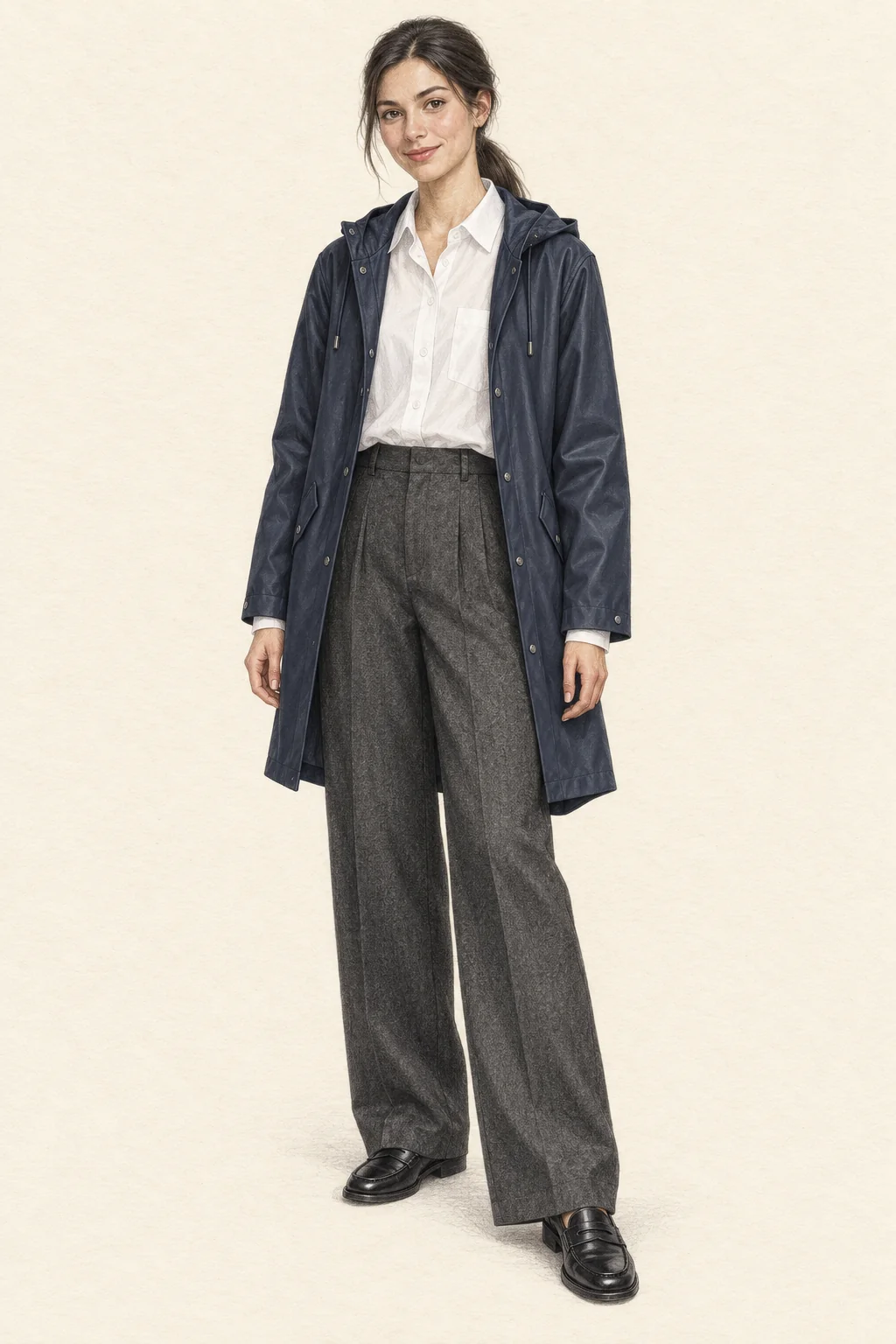 Full-length colored-pencil sketch on warm ivory paper. Retained youthful young-adult face with low dark ponytail, soft center wisps, natural brows and light rosy lips. Gentle facial and body shading. Open navy hooded shell over white collared shirt, charcoal pleated wide trousers and black penny loafers. Exact centered crop contains all hair, both hands, full coat and both complete shoes.