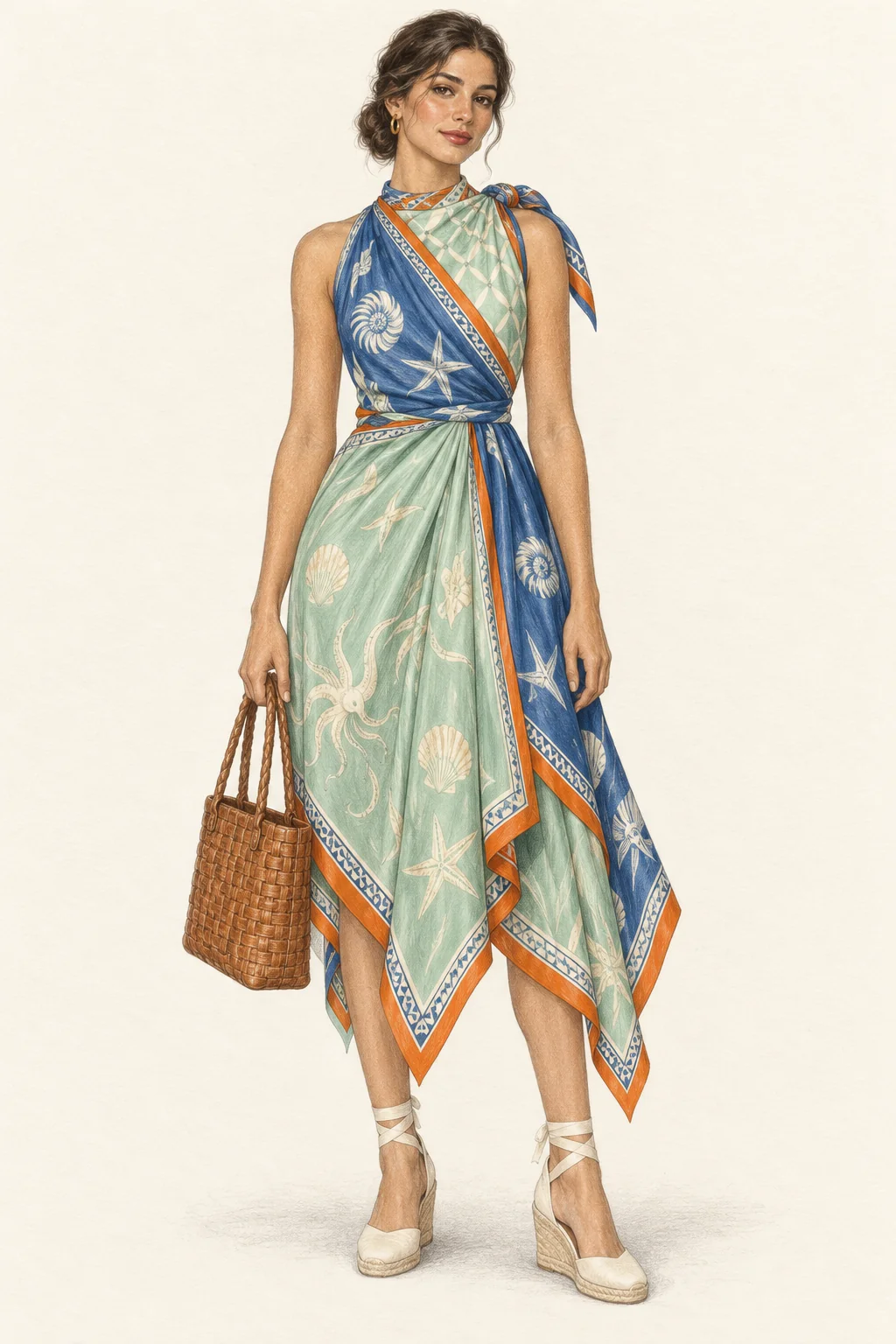 Full-length pencil portrait of a young woman in a blue and mint scarf dress with orange borders, ivory espadrilles and a woven bag.
