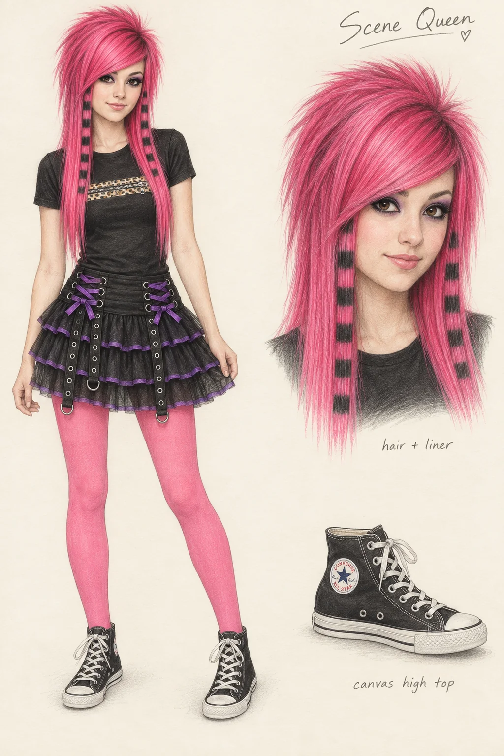 Colored-pencil fashion sheet on ivory paper: a youthful pink-haired woman in a black leopard-zip tee, purple-ribboned black tutu, pink tights and black high tops, with matching portrait and shoe studies.