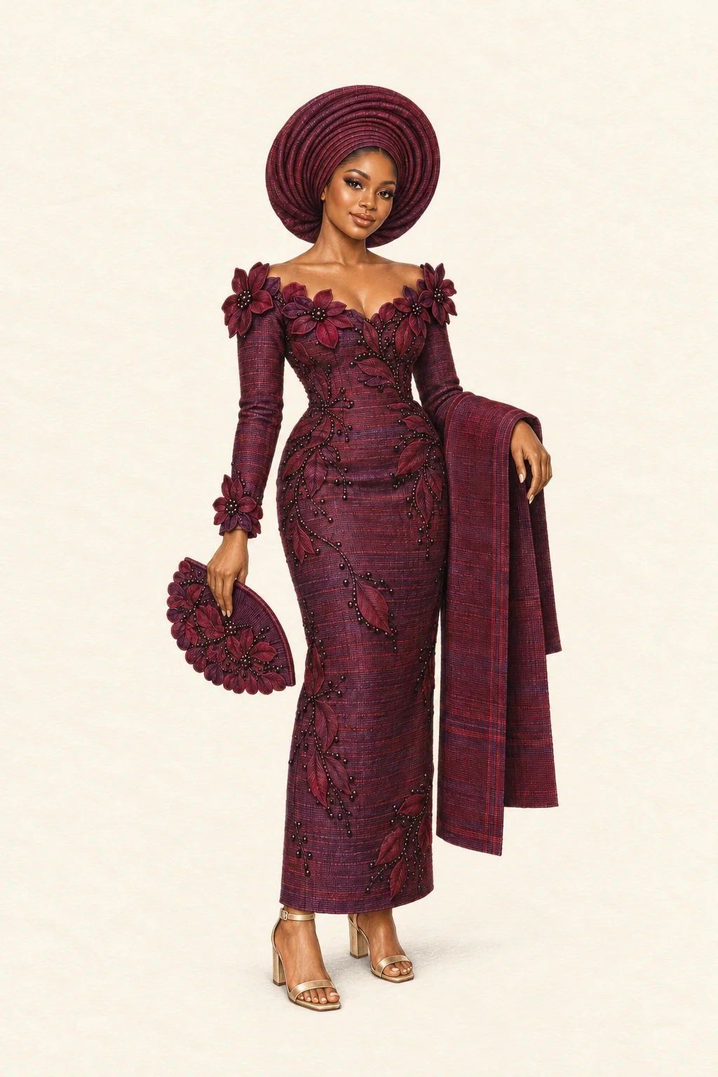 Fictional woman in a sculpted burgundy Aso-Oke dress, structured gele, matching fan and gold sandals.