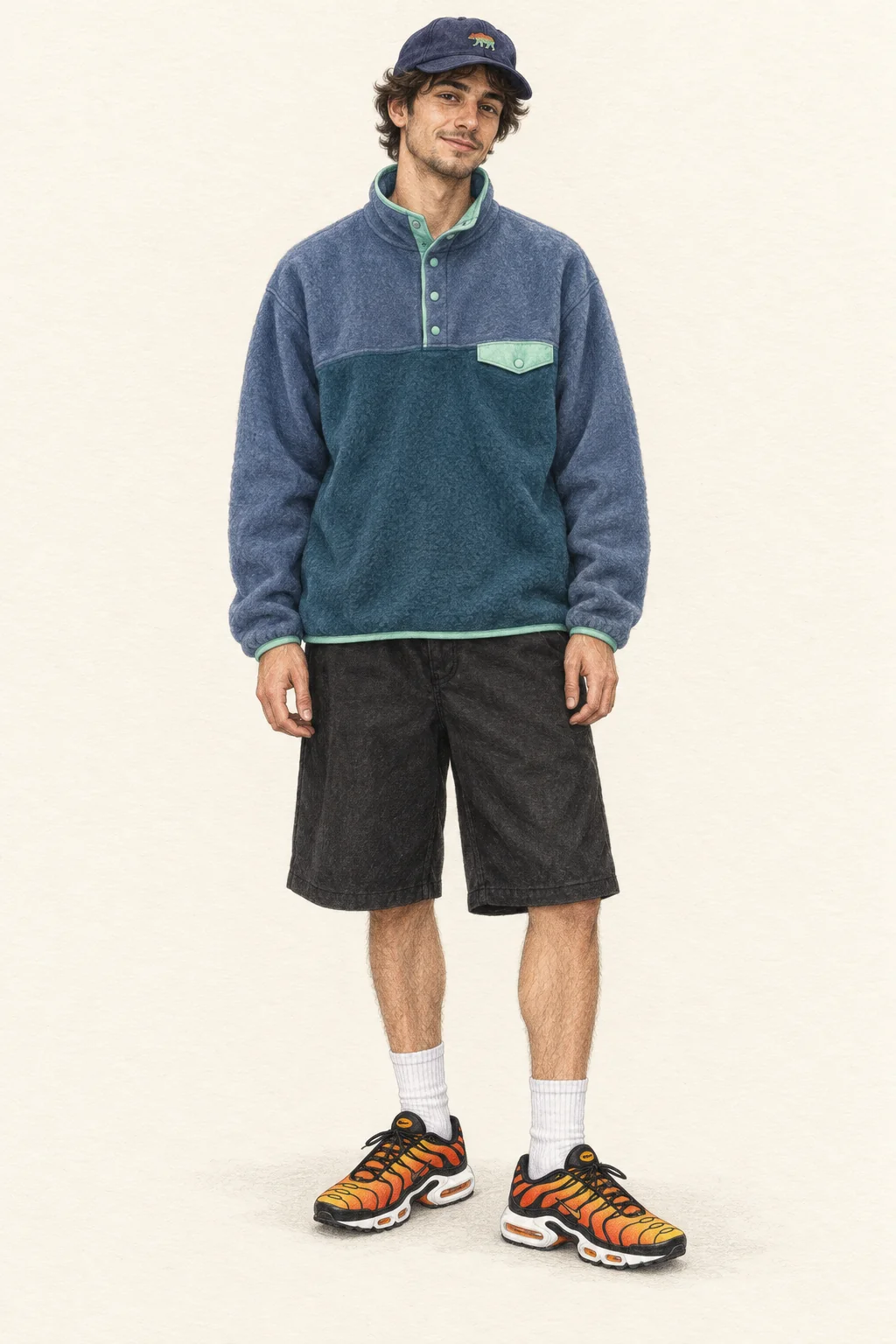 Full-length pencil illustration of a young man in blue fleece, loose black shorts, a navy cap and bright orange trainers.
