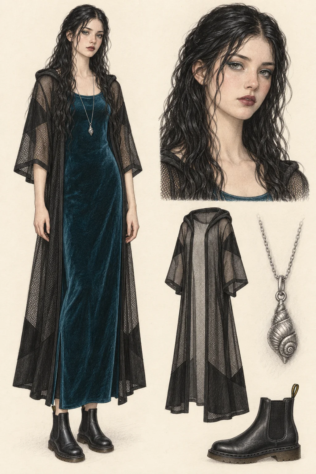 Youthful Sea Witchcore fashion sketch: deep teal velvet, black netting and a silver shell.