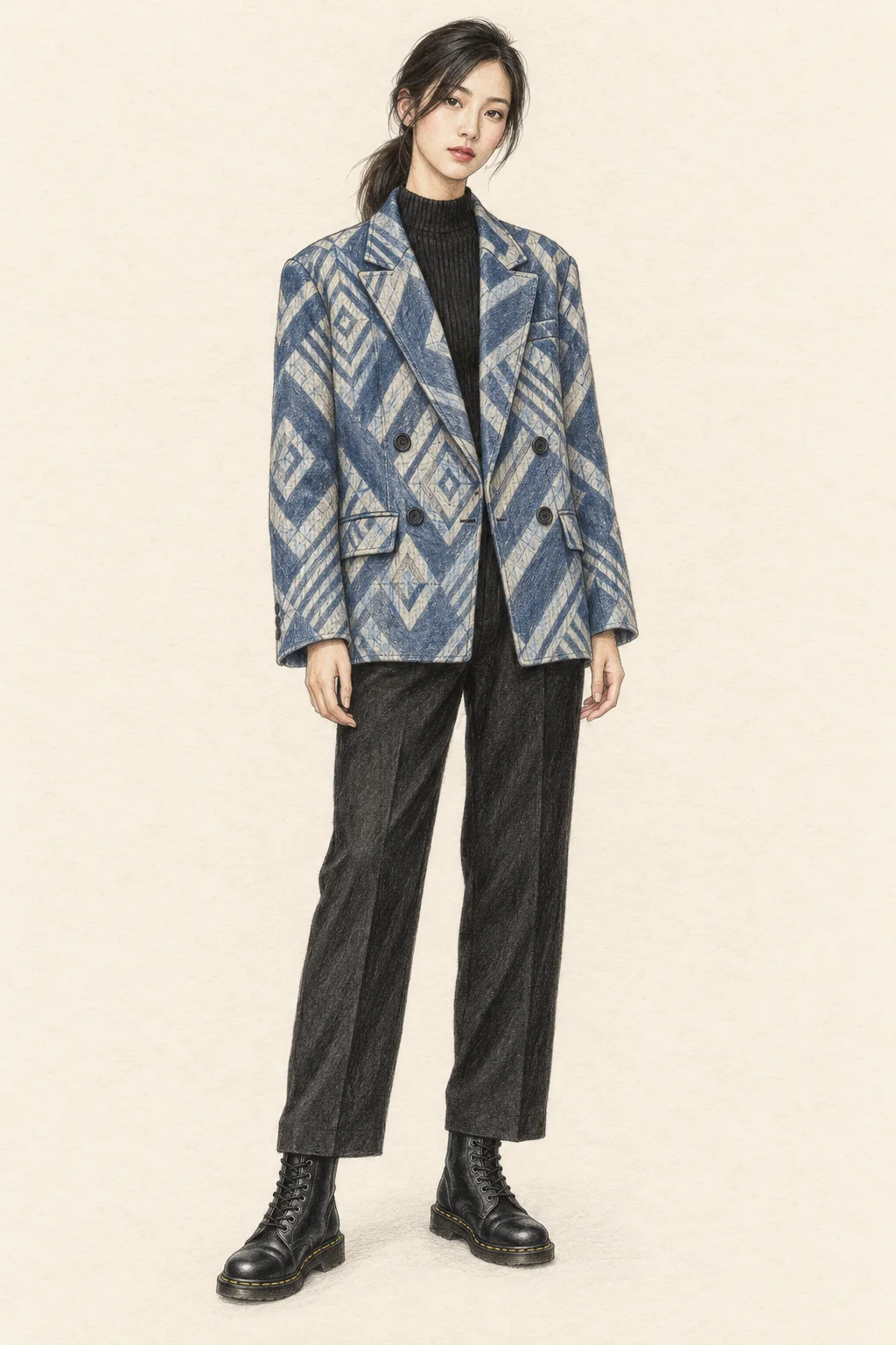 Colored-pencil figure wearing a blue-and-white jacquard denim blazer, dark knit, loose black trousers and black boots.