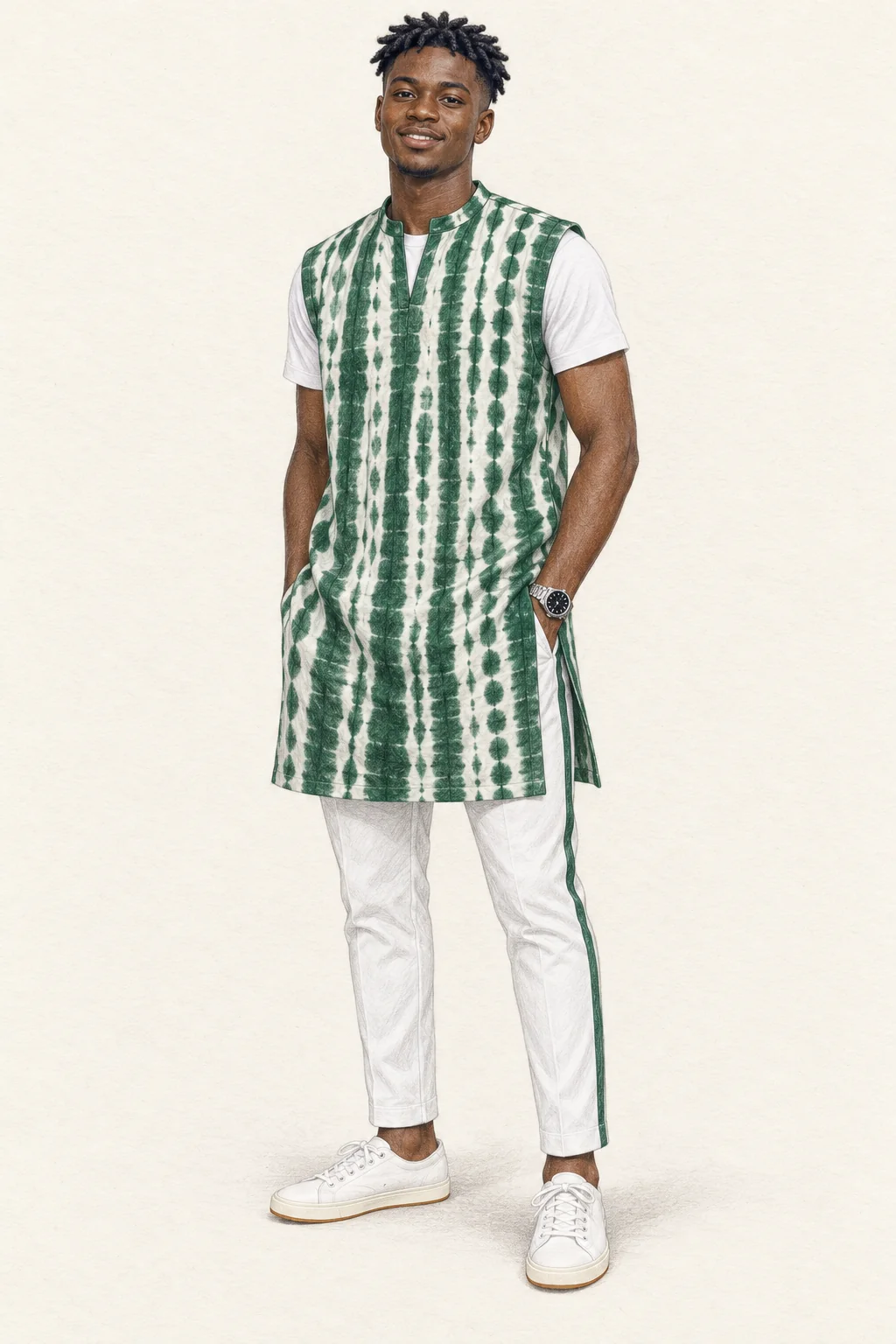 Fictional Nigerian man wearing a patterned sleeveless long tunic over a white T-shirt, white piped trousers and white trainers.