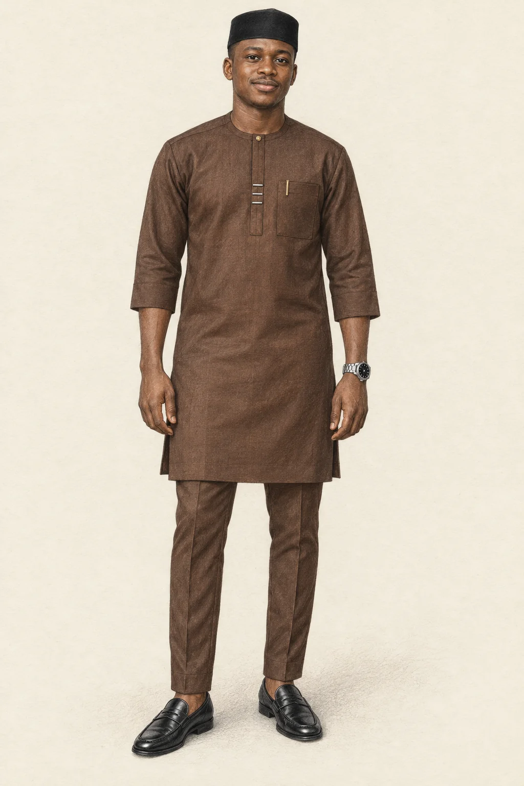 Coloured-pencil full portrait of a fictional young Nigerian man in a brown Senator tunic and trousers, black cap, black loafers and silver watch.