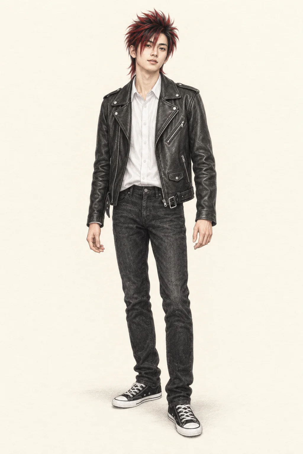Colored-pencil full figure of a fictional young Chinese man with sculpted red Shamate hair, a black biker jacket, white shirt, narrow black jeans and black-and-white trainers.