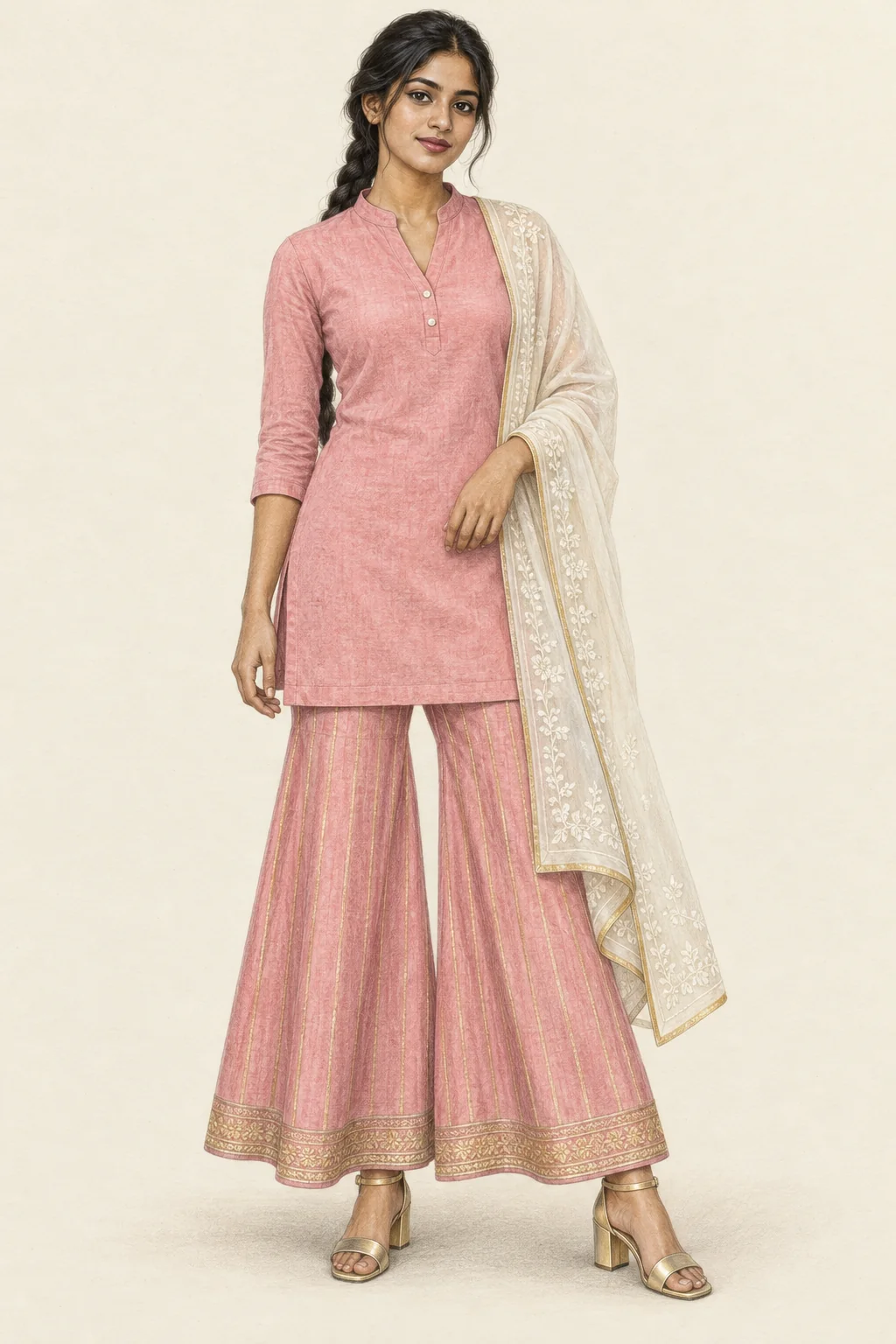 Coloured-pencil full portrait of a fictional South Asian woman in a pink sharara suit, ivory dupatta and gold sandals.