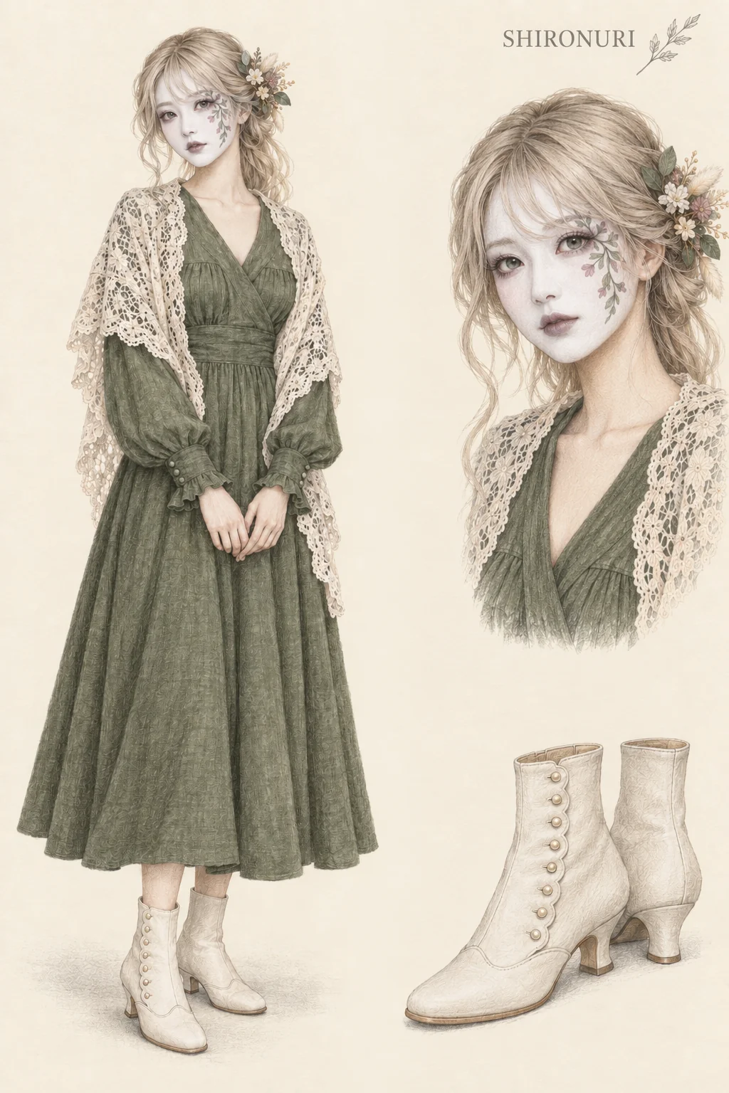 Colored-pencil fashion sketch for Shironuri: white-face botanical art with moss linen, with a youthful fictional character, separate face study and footwear detail.