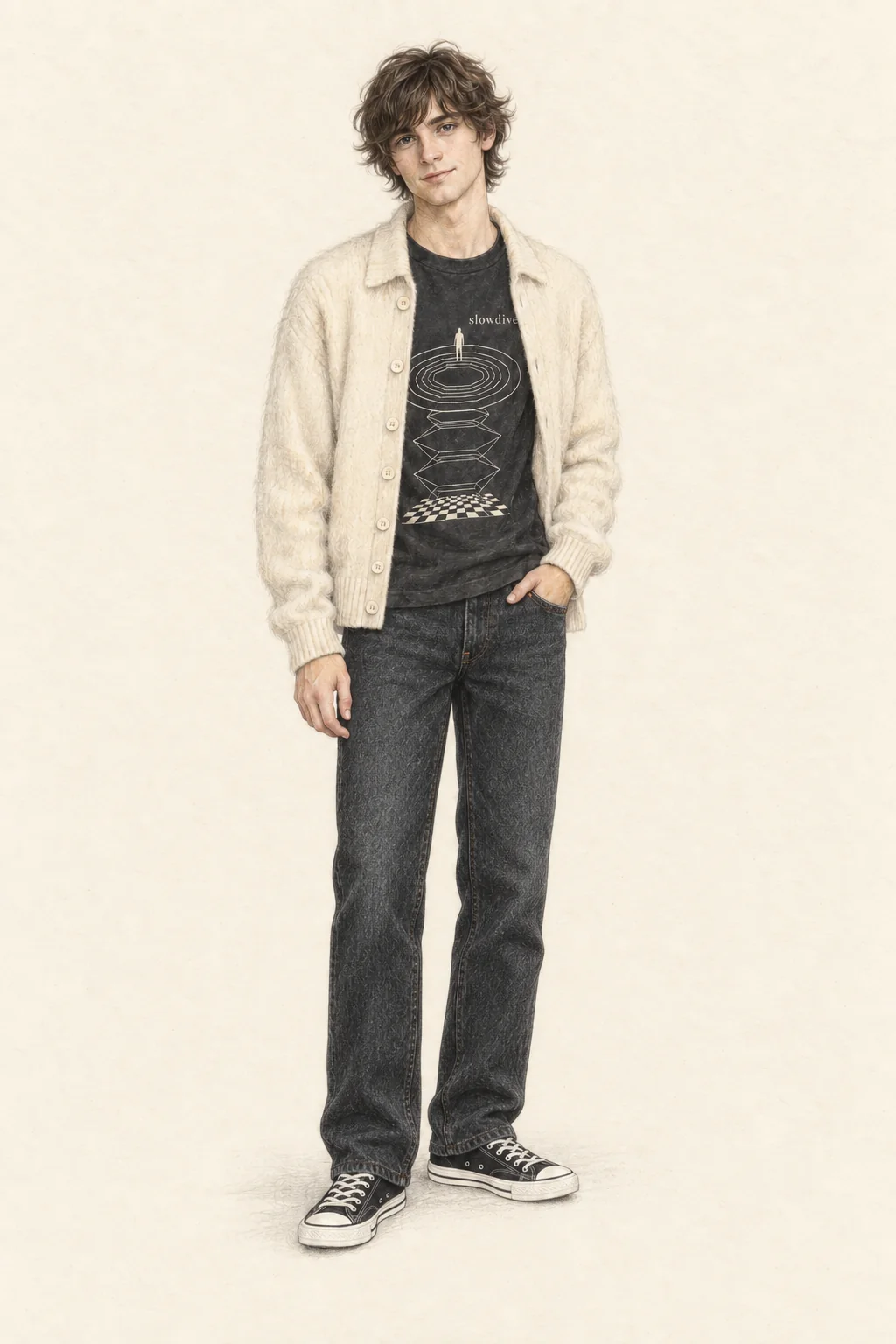 Realistic colored-pencil portrait on warm ivory paper of a young adult man with a dark softly wavy shag, an open cream collared cardigan, black Slowdive print tee, washed black jeans and black-and-white low canvas shoes.