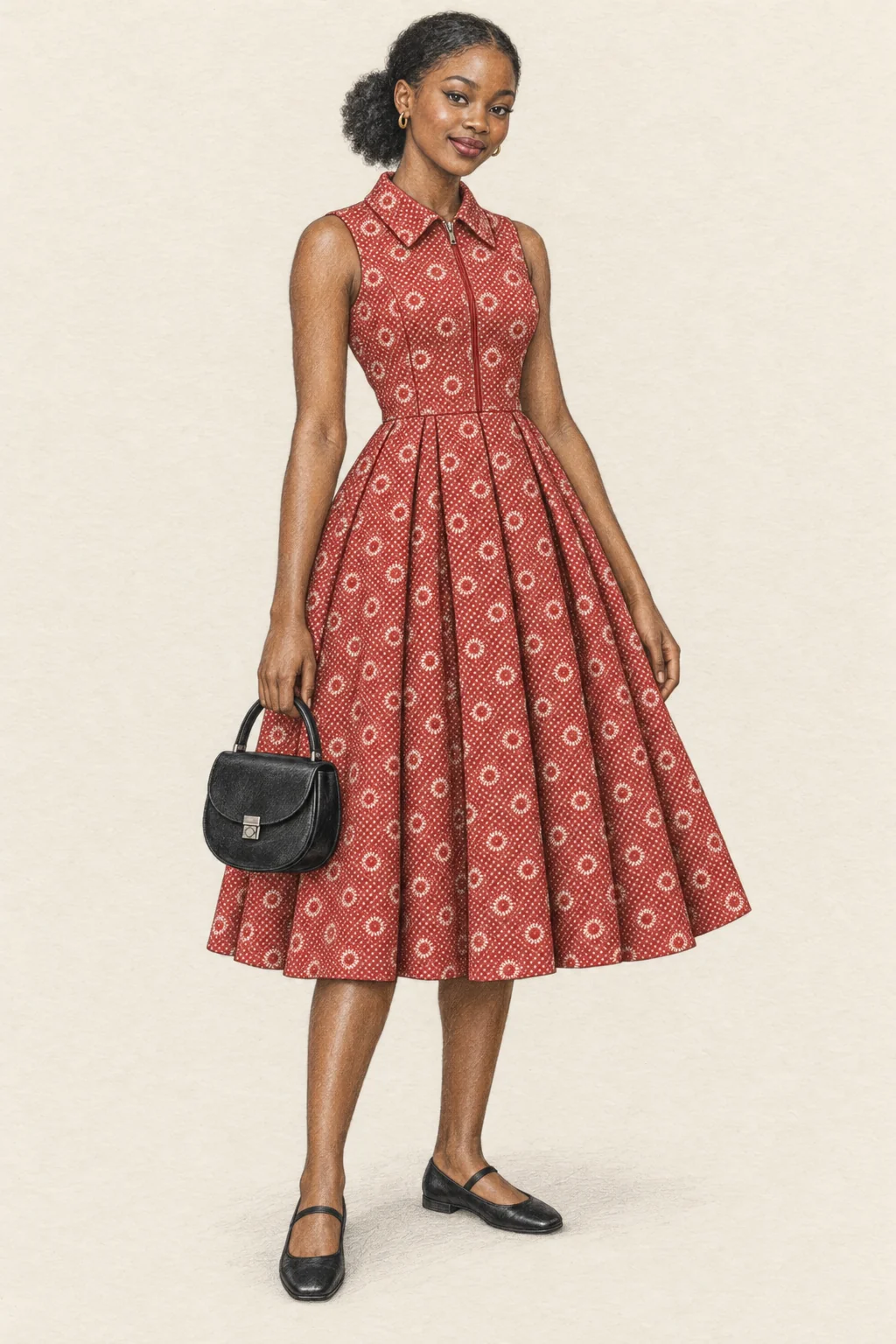 Full coloured-pencil figure in a red printed collared fit-and-flare dress, black Mary Janes and a small black bag.