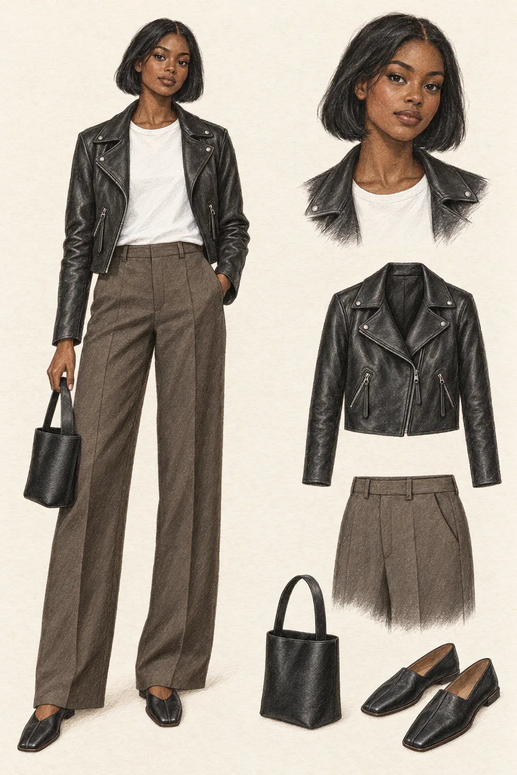 Colored-pencil illustration of an 18-year-old adult wearing black short leather jacket, classic organic tee in optical white, dark taupe wide flannel trousers, black centrally piped leather slippers, small black north-south tote on warm ivory paper, with a matching portrait and garment detail studies.