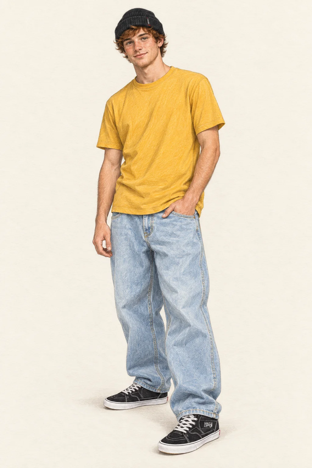 Realistic graphite and colored-pencil full-body portrait of a young man with copper-brown hair, black beanie, yellow tee, very baggy light-blue jeans and black-and-white skate shoes on warm ivory paper.