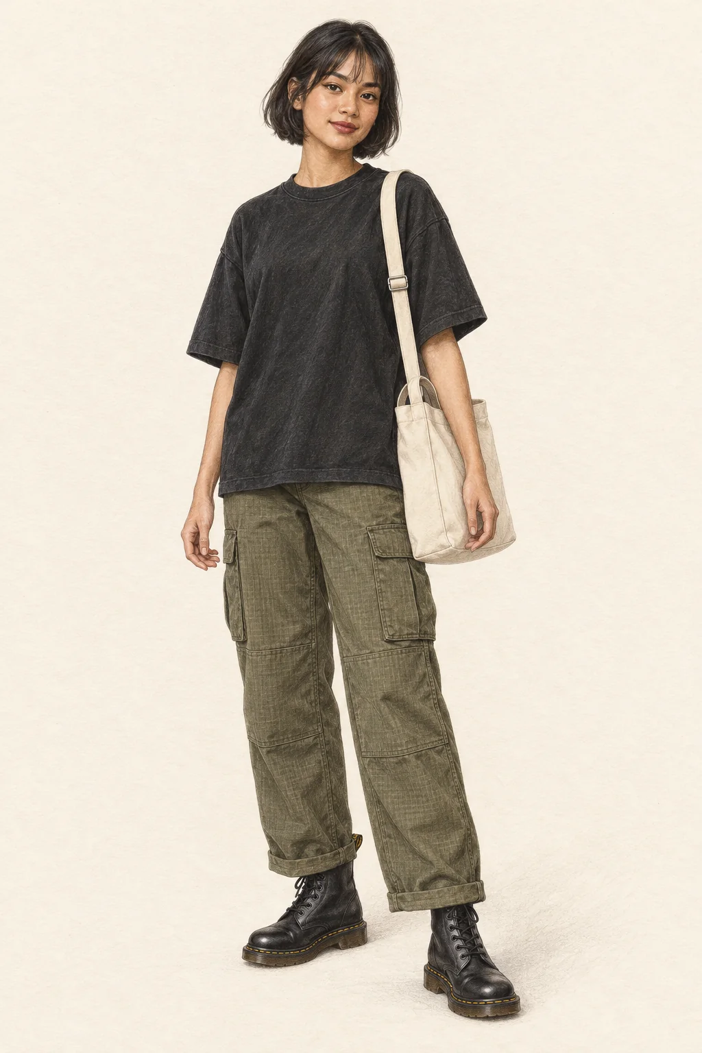 Fictional young Indonesian woman in a black oversized tee, olive cargo trousers, black lace-up boots and natural canvas tote.