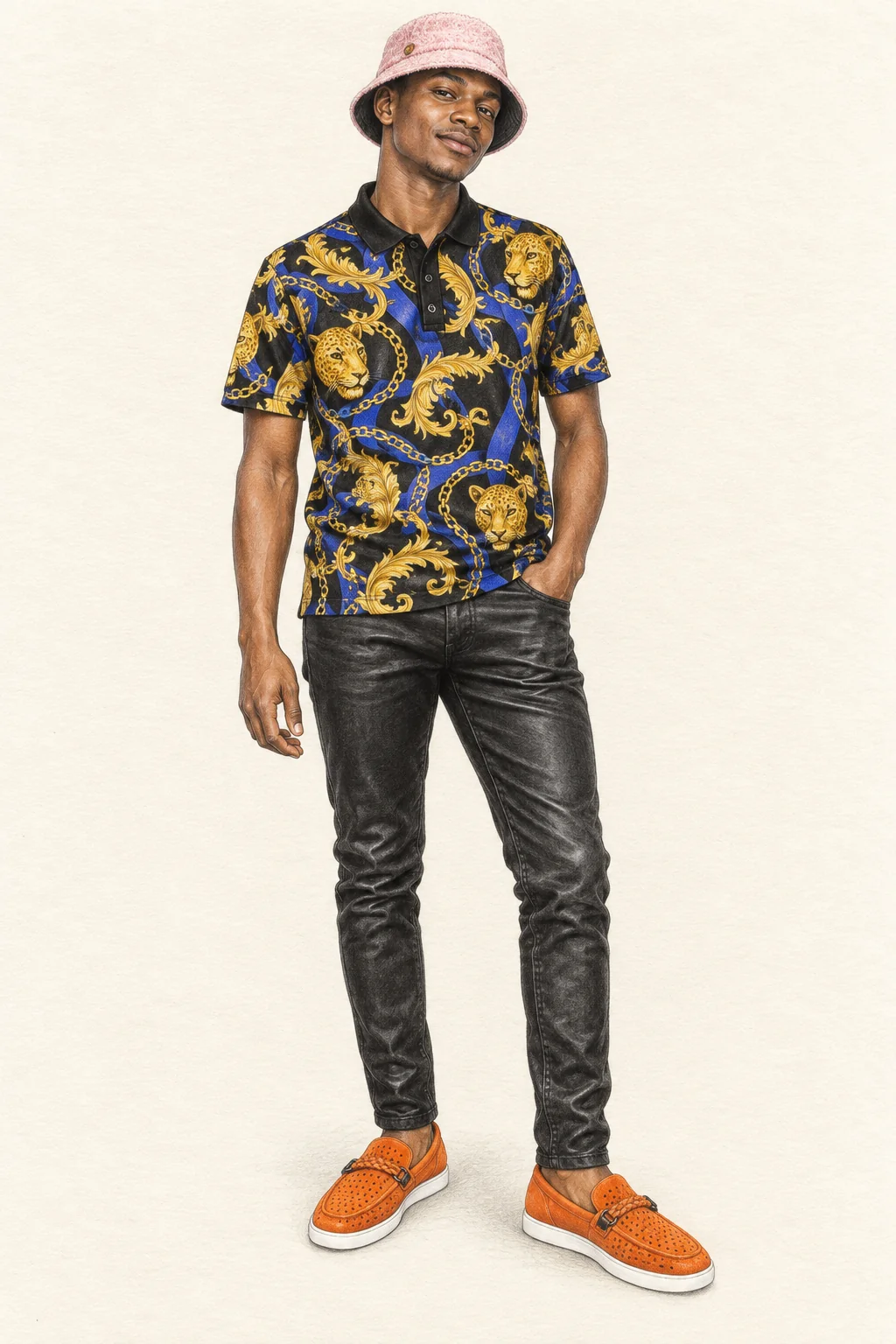 Full coloured-pencil figure of a fictional young South African man in a vivid polo, black coated jeans, pink bucket and orange white-soled loafers.