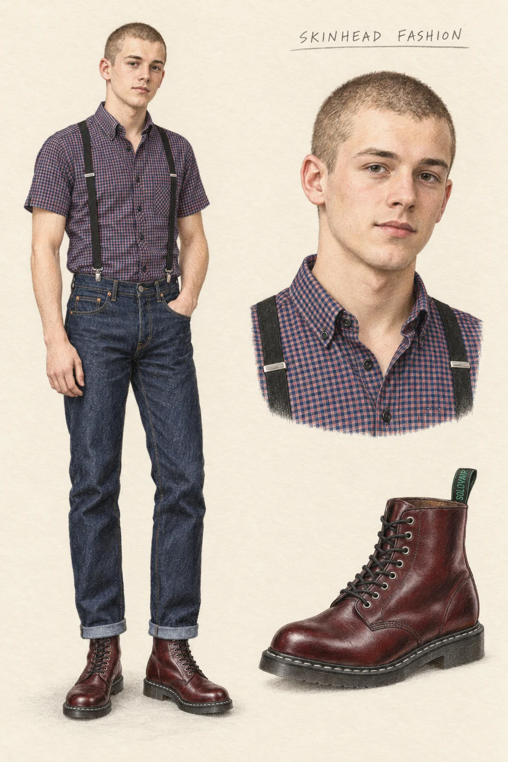 Skinhead fashion pencil sheet with a youthful close-cropped man in a navy-red check shirt, black braces, cuffed dark jeans and burgundy boots, alongside matching portrait and boot studies.