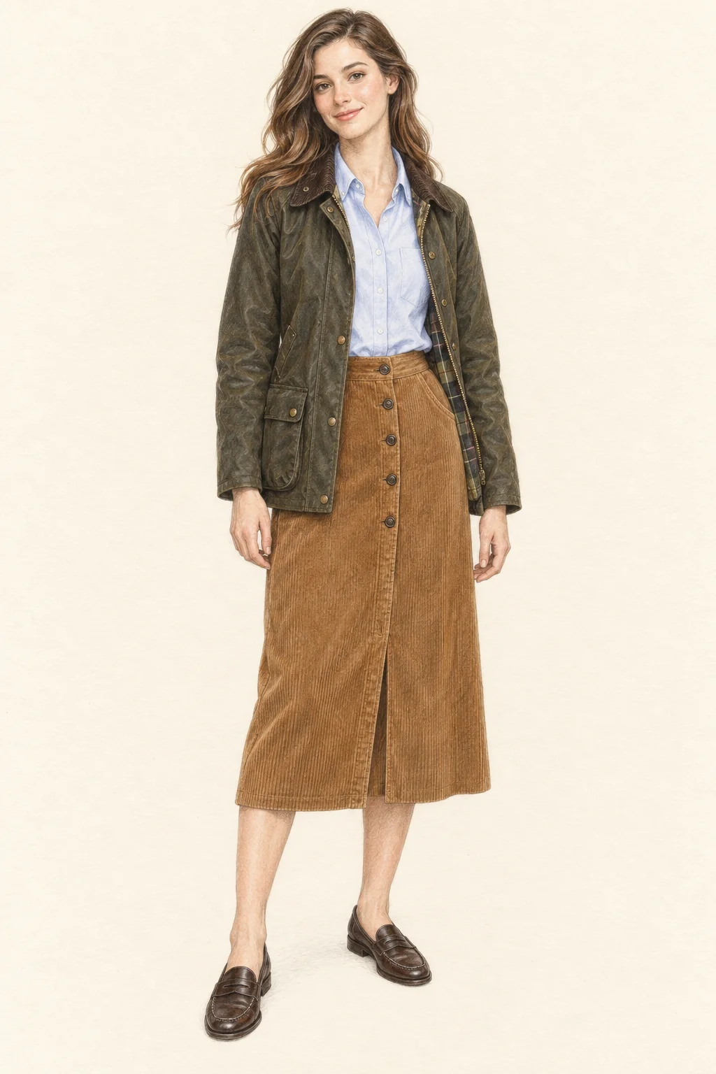 Full-length colored-pencil drawing of a slim young adult woman with long wavy hair, olive waxed jacket, blue shirt, caramel cord midi skirt and brown loafers on ivory paper.