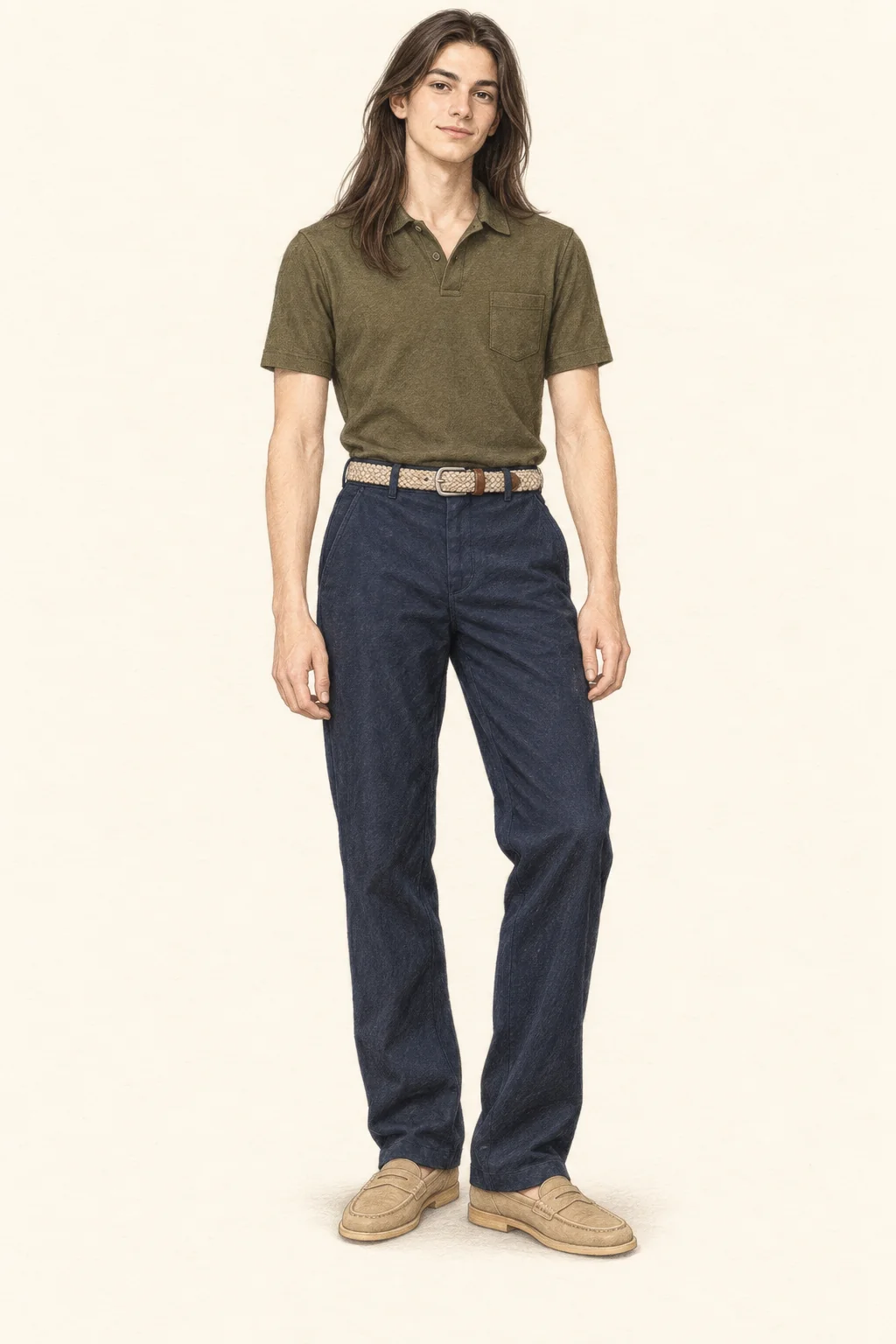 Detailed coloured-pencil sketch of a young adult with long straight brown hair wearing a loden polo, navy straight chinos, beige braided belt and tan suede loafers on ivory paper.