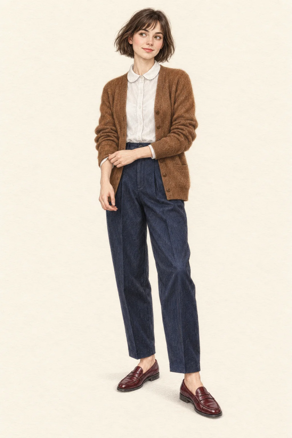 Detailed graphite and colored-pencil full-body portrait of a young woman with a short brown bob, open camel cardigan, white rounded-collar shirt, navy pleated trousers and wine penny loafers on warm ivory paper.