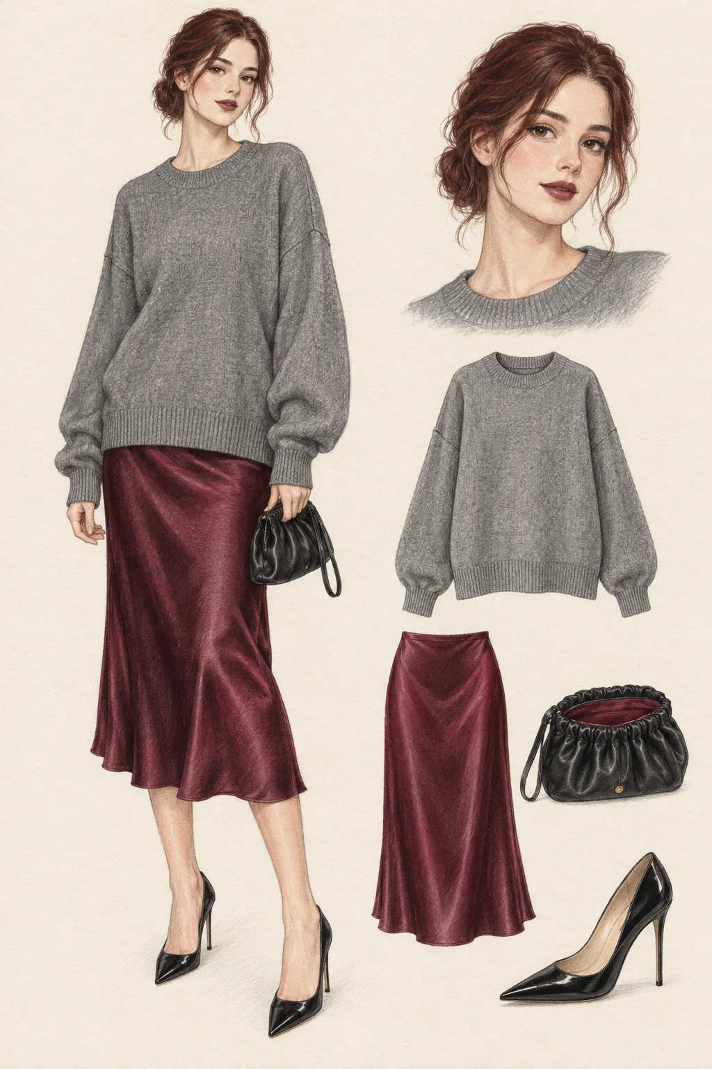 Colored-pencil illustration of an 18-year-old adult wearing wine silk slip dress, grey sculptural crewneck knit, black patent-finish pointed pumps, black gathered mini clutch on warm ivory paper, with a matching portrait and garment detail studies.