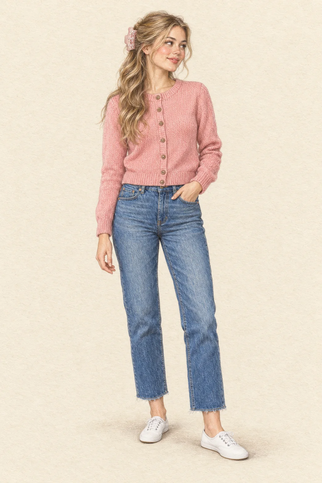 Detailed colored-pencil portrait on warm ivory paper of a young woman with honey-blonde hair, a pink bow-decorated claw, peach-pink cardigan, blue cropped jeans and white canvas sneakers.