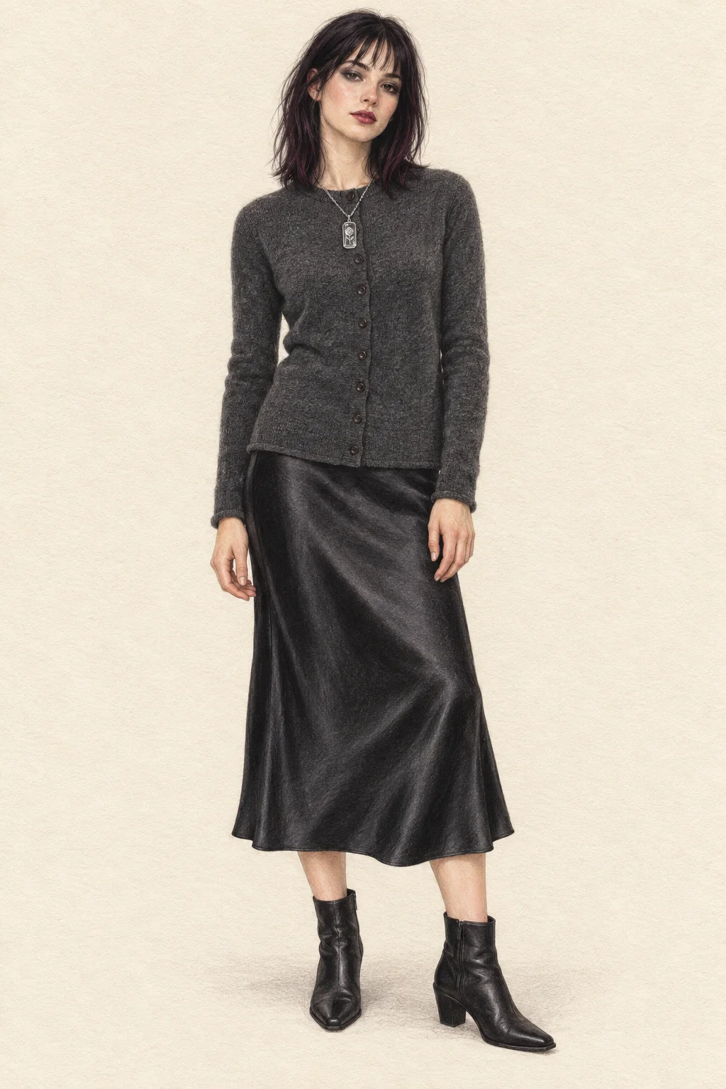 Detailed colored-pencil portrait on warm ivory paper of a young adult woman with shoulder-length dark hair, charcoal cardigan, black satin skirt, glass rose necklace and pointed black ankle boots.