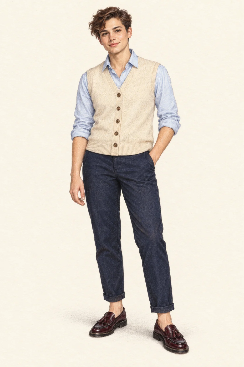 Full-length colored-pencil fashion sketch on warm ivory paper. Youthful soft face, short loosely waved brown crop, naturally defined brows and lightly rosy lips. Slim natural proportions under the light layers. Open pale-blue point collar and rolled sleeves, oat V-neck five-button vest, navy tapered cuffed trousers and burgundy tassel loafers. Full figure and both shoes are comfortably inside the exact clean crop.