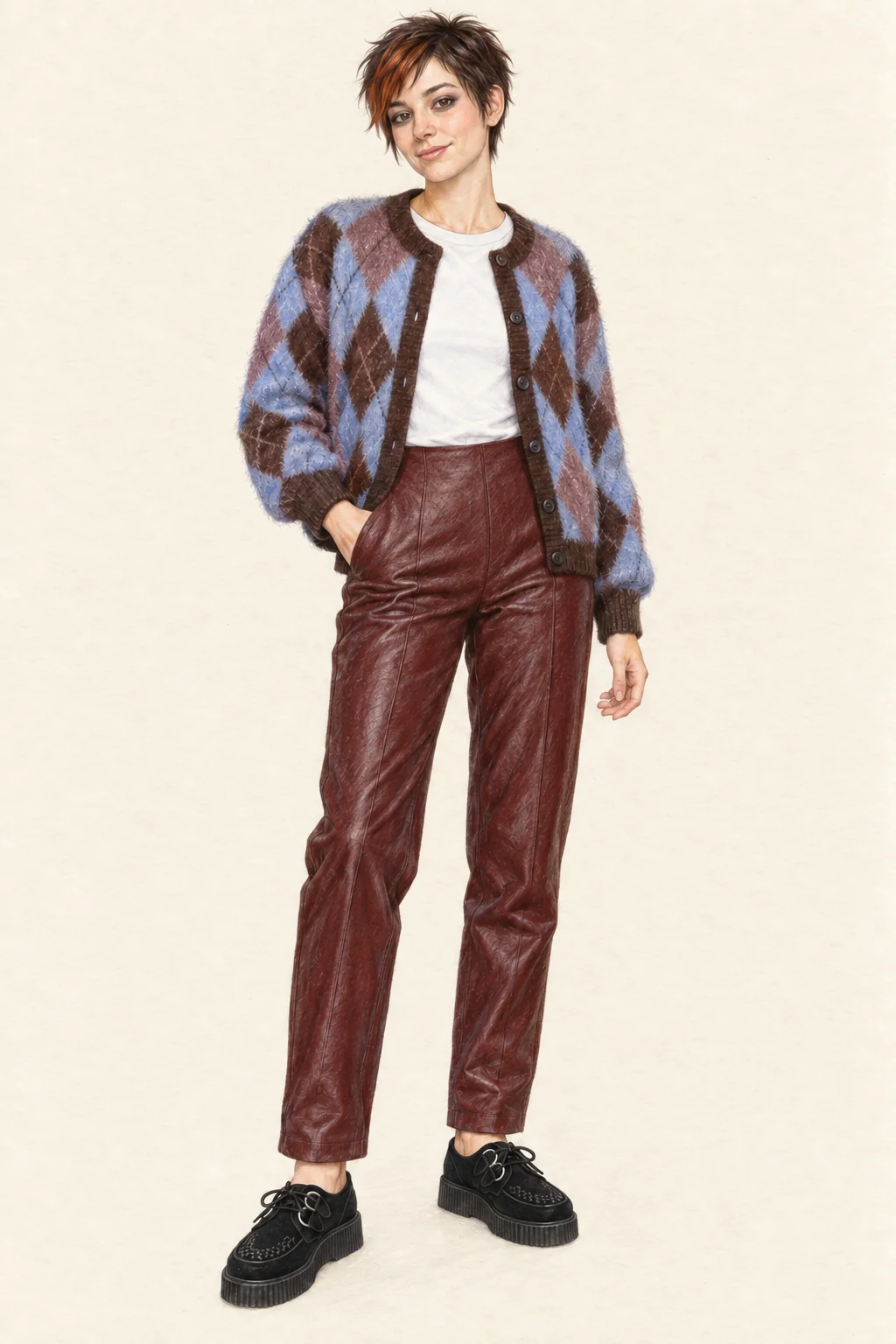 Colored-pencil full-length portrait of a young adult with a copper-streaked dark pixie cut, blue and brown argyle cardigan, white tee, burgundy trousers and black creepers on ivory paper.