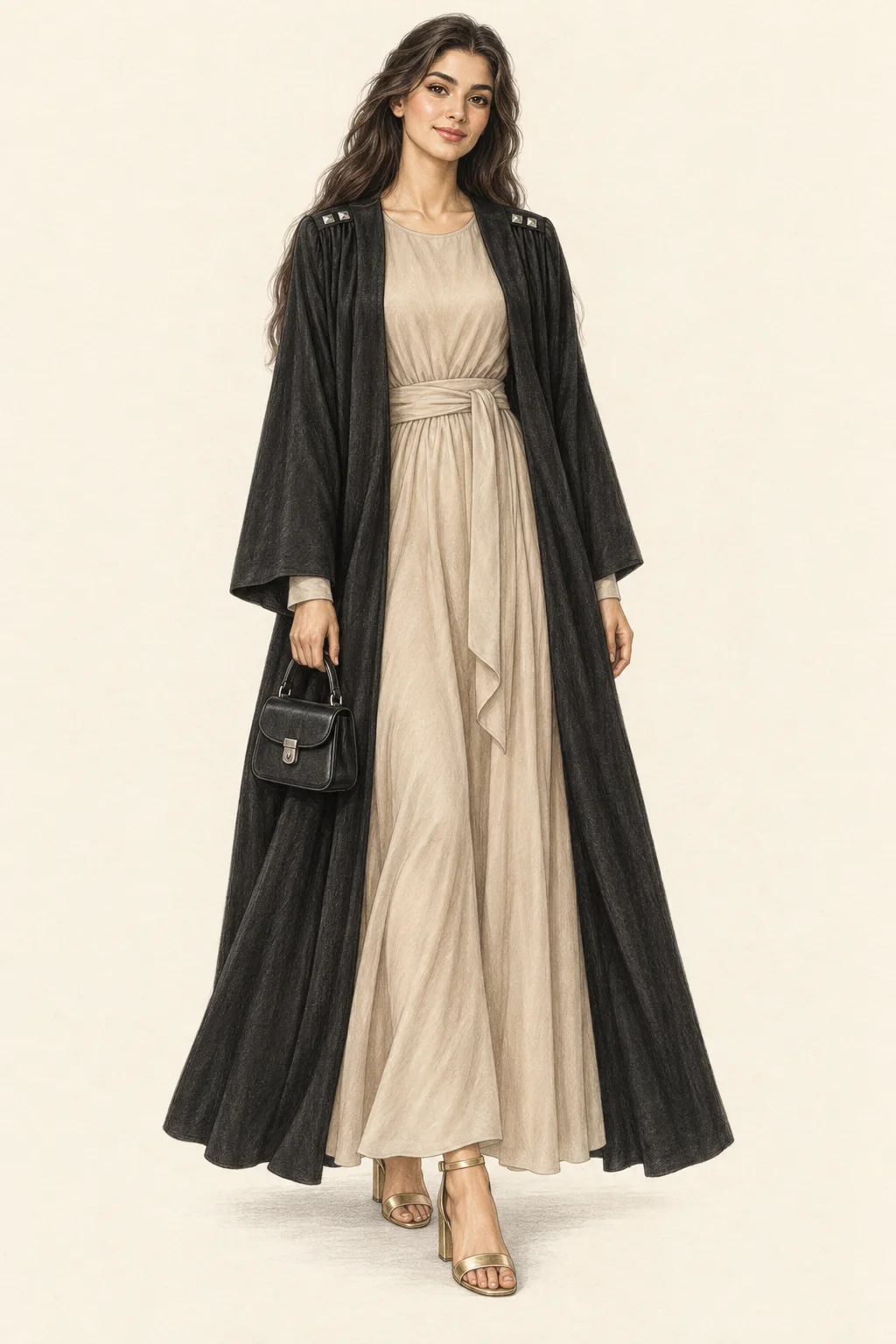 Fictional Turkish woman in a fluid black abaya over a stone belted dress, carrying a black bag and wearing gold sandals.