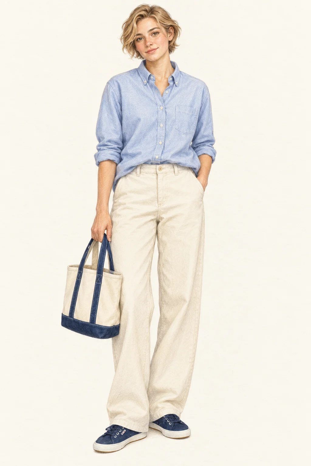 Detailed colored-pencil portrait of a young figure with softly waved short blond hair, pale blue shirt, natural wide trousers, navy sneakers and a blue-trimmed canvas tote on ivory paper.