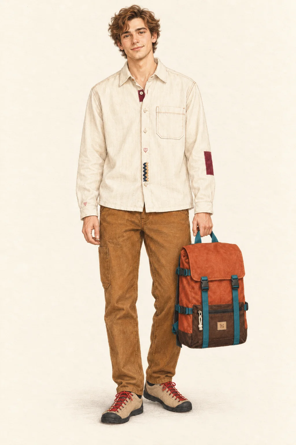 Full-length colored-pencil fashion sketch on warm ivory. Visibly youthful clean-shaven face, loose brown waves, natural brows and light cheek shading. Slim natural body with relaxed stance. Cream shirt with burgundy patches and small hearts, ochre utility trousers, beige low shoes with red laces and orange/brown pack divided by teal webbing. Full pack, both hands, hair and complete shoes retained inside exact crop.