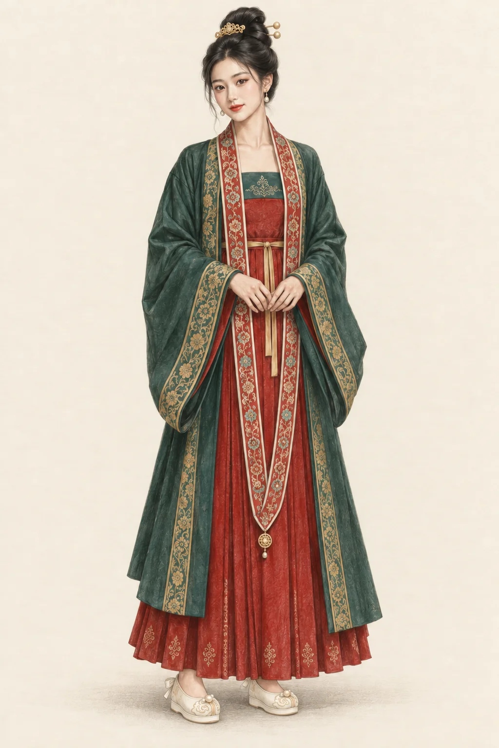 A woman in layered green and red Song-inspired Hanfu, broad sleeves, a long red embroidered xiapei and cream cloud-head shoes.
