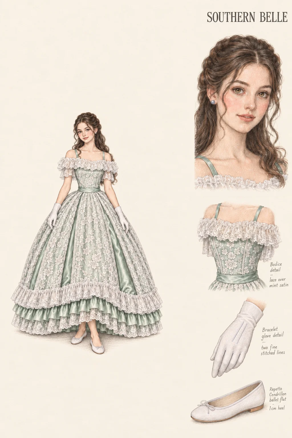 Detailed colored-pencil Southern Belle fashion sheet on opaque warm ivory paper: A mint-and-lace bell skirt with soft half-up curls and white gloves. Complete youthful fictional figure at left, matching portrait and item studies at right.