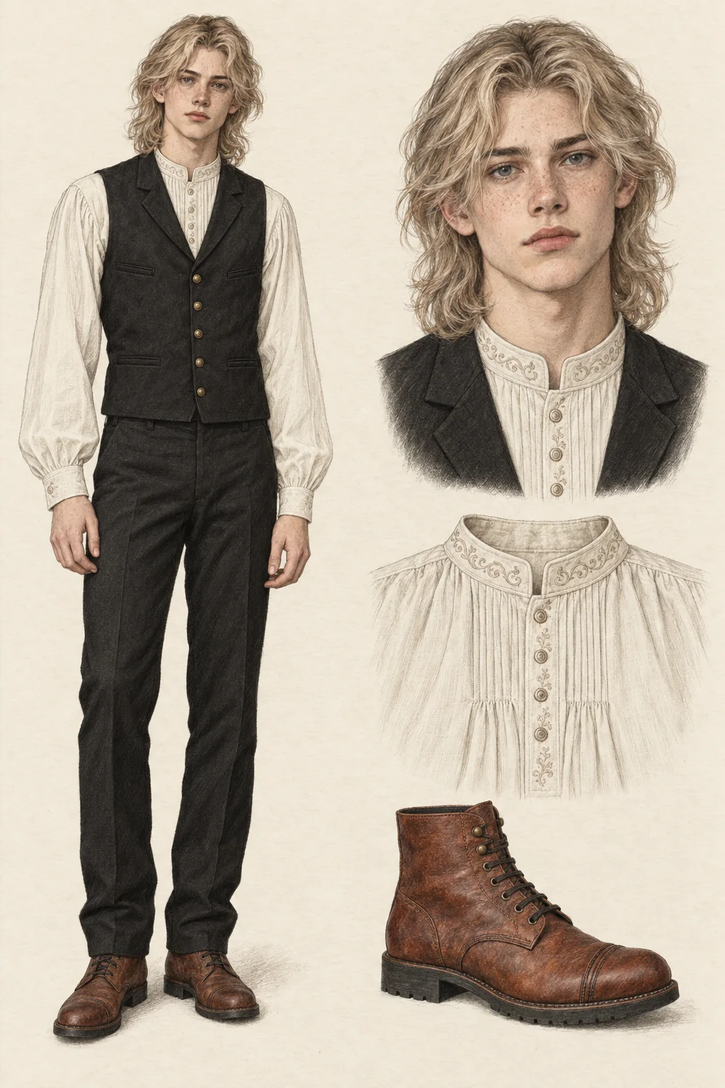 Youthful Southern Gothcore fashion sketch: gathered ivory cotton, black canvas and russet leather.