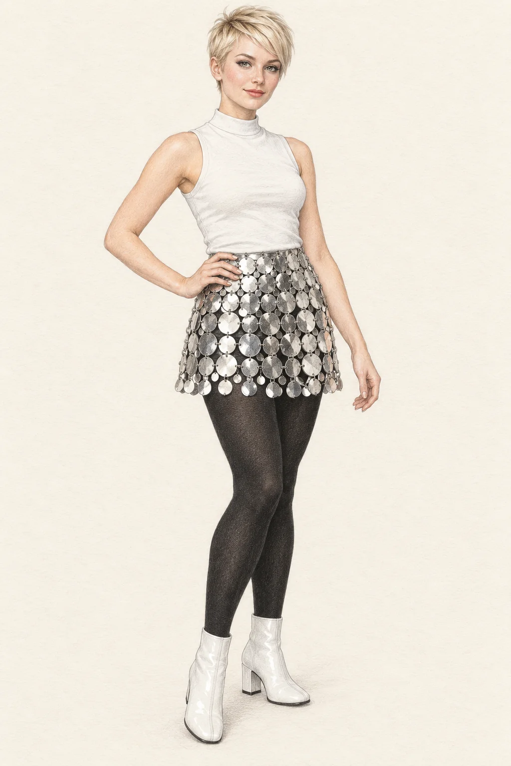 Realistic graphite and colored-pencil portrait of a young woman with pale-blond pixie hair, white mock-neck tank, linked silver disc skirt, black tights and white ankle boots on ivory paper.