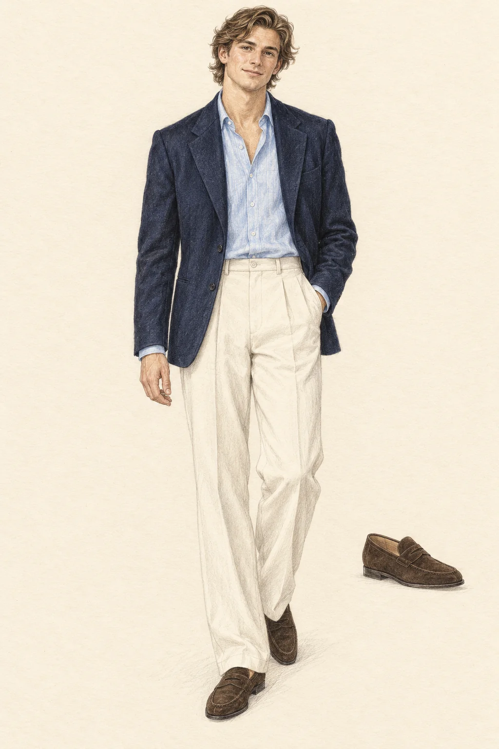 Realistic colored-pencil full-body fashion sketch of a young adult with soft dark-blond waves wearing an open navy blazer, pale blue shirt, cream pleated trousers and brown suede loafers, on warm ivory paper.