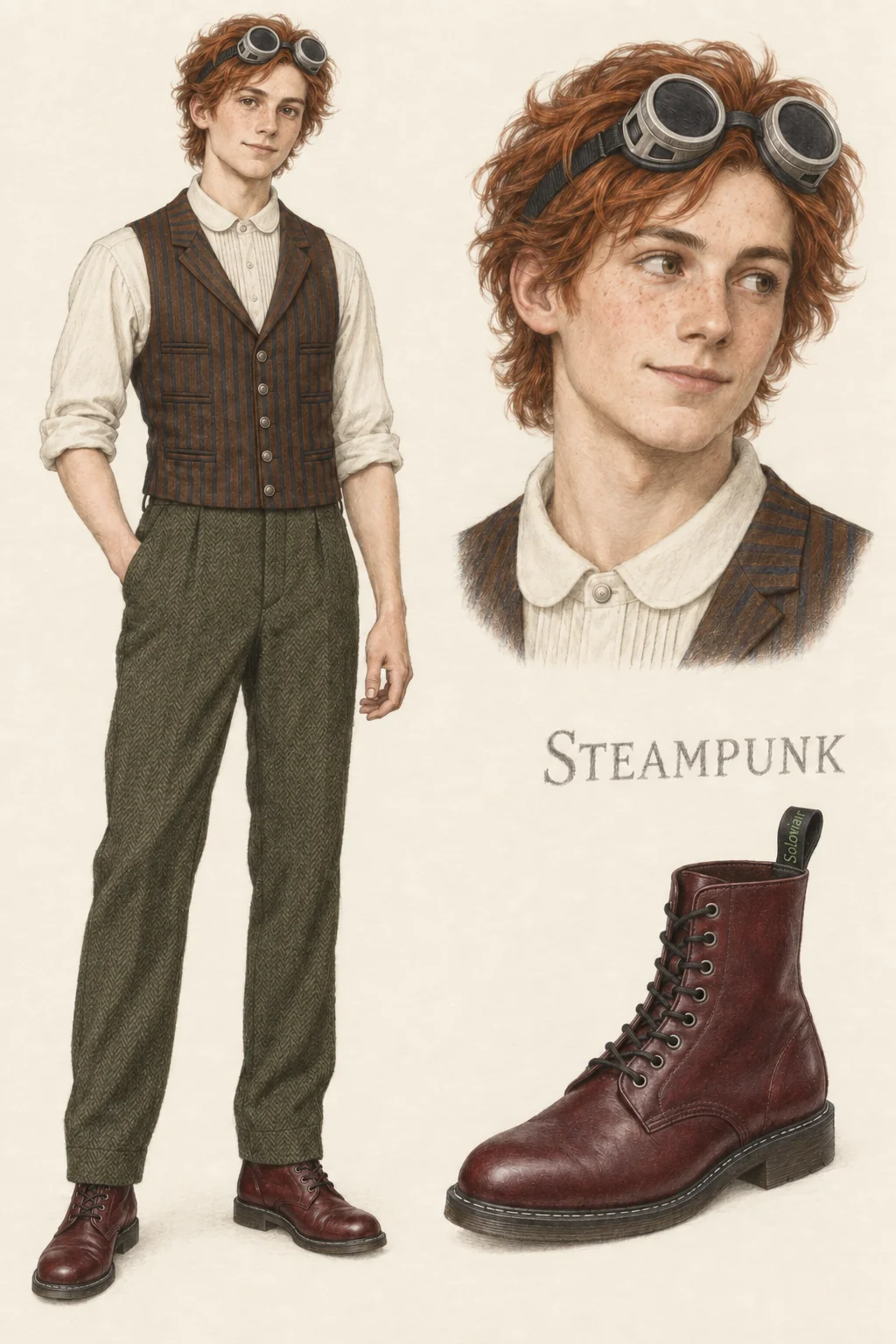 Steampunk colored-pencil sketch sheet with a youthful copper-haired man in a cream club-collar shirt, brown striped waistcoat, olive trousers, plain oxblood boots and silver goggles, plus matching portrait and boot study.