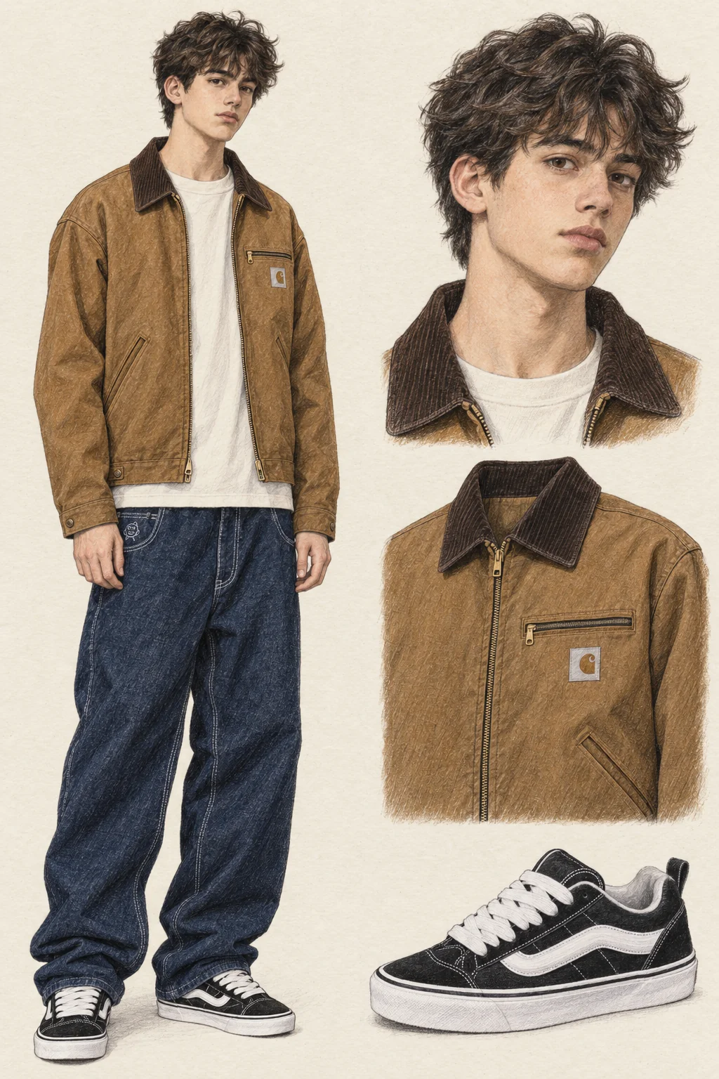 Youthful Streetwearcore fashion sketch: brown canvas, a boxy tee and broad indigo denim.