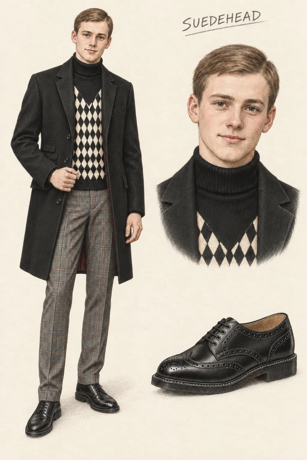 Suedehead pencil sheet with a youthful short-parted-haired man in a black coat, cream-and-black filled diamond roll-neck, grey check trousers and black brogues, with matching portrait and shoe studies.