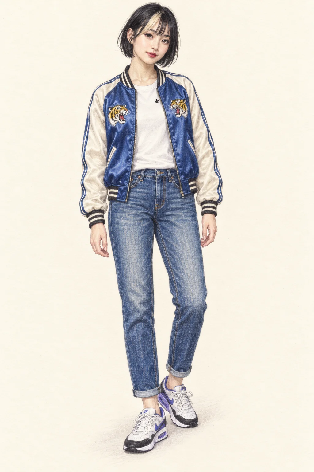 Colored-pencil full-length portrait of a fictional young Japanese woman with a black bob and pale fringe, blue-and-cream tiger sukajan, white tee, cuffed jeans and white-violet trainers.